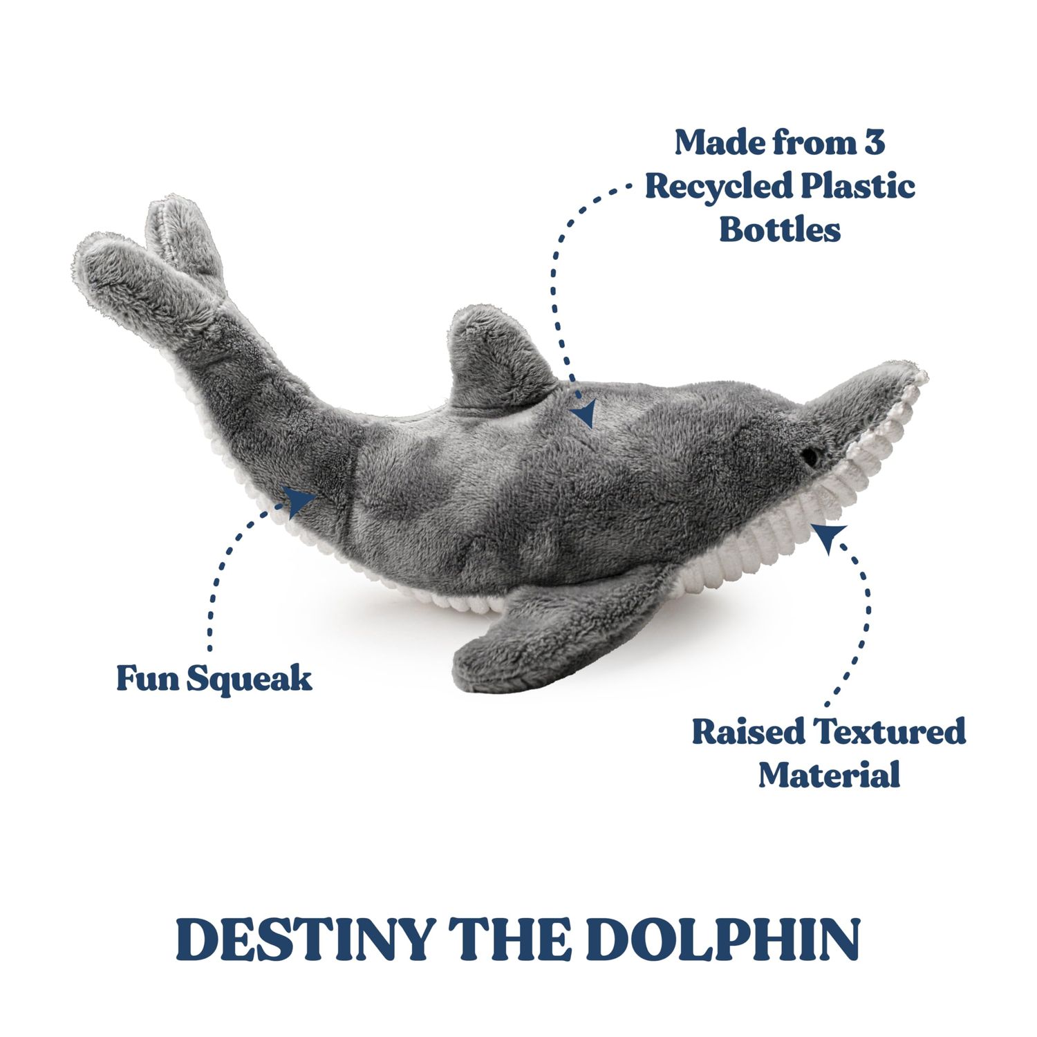 GRRREEN Ocean Collection Dog Toys | Medium Sized Destiny The Dolphin | Cute, Durable, & Sustainable Plush Chew Toys for Dogs | Made from Eco Friendly & Recycled Materials | Go Green!