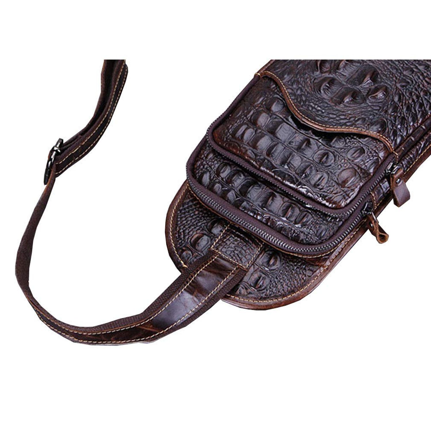 Hebetag Crocodile Genuine Leather Sling Crossbody Bag for Men Travel Outdoor Hunting Hiking Camping Shoulder Chest Pack Backpack Daypack Coffee