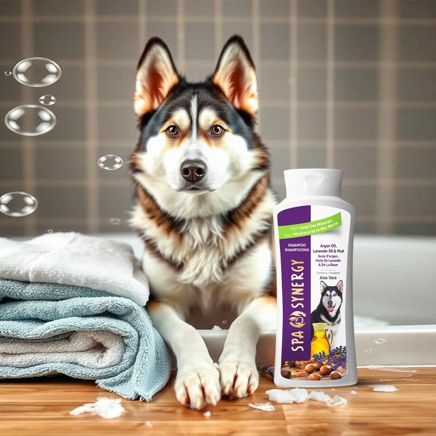 Spa Synergy Pet Dog Shampoo Mud and Natural Dead Sea Mineral Rich, Aloe Vera & Vitamin-E, Anti Dandruff, Relief Psoriasis & Eczema, Moisturizing - Argan Oil & Lavender Oil - (1) Bottle 16.5 FL OZ