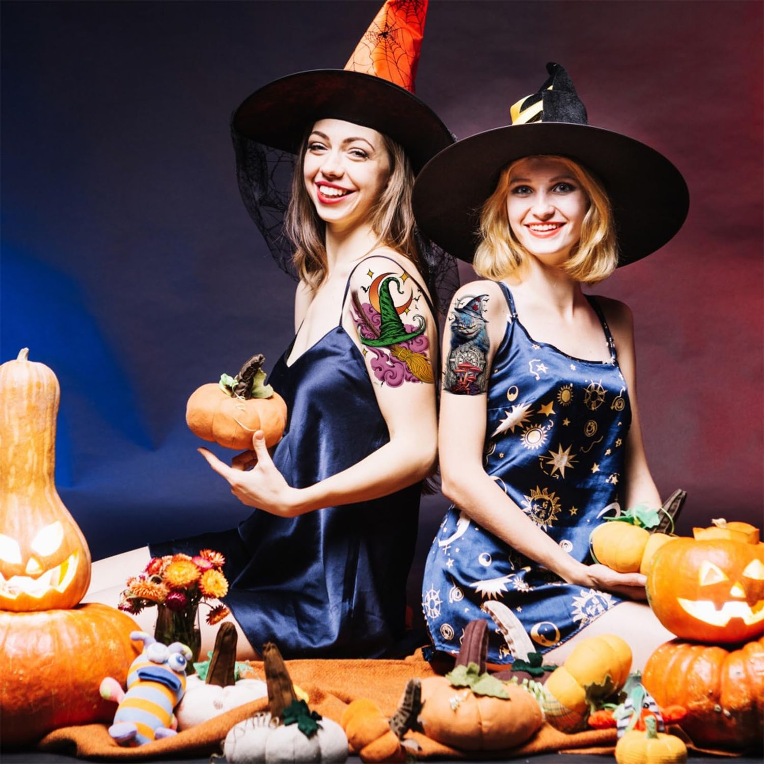 Halloween Arm Temporary Tattoos,8 Sheets Halloween Fake Tattoos Pumpkin Skull Bat Witch Cat Tattoo Stickers for Halloween Costumes Decorations Make Up Party Favors