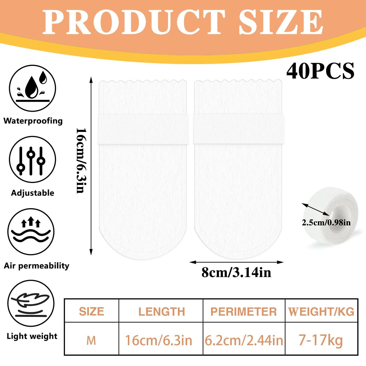 40 Pcs Disposable Dog Boots for Paw Protection with Adjustable Self-Adhesive Bandage, 6.3 * 3.14in Waterproof Dog Foot Covers for Dog