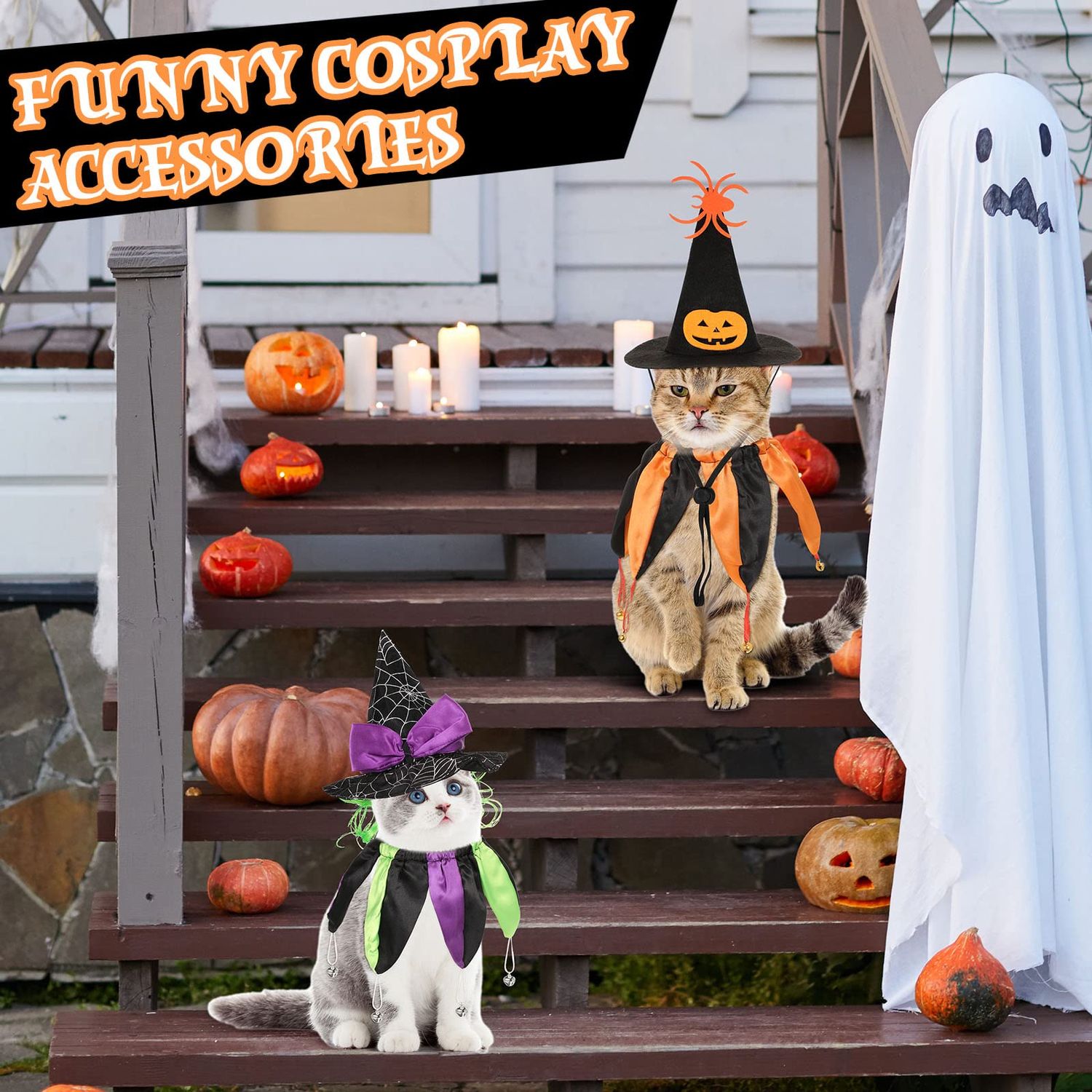 4 Pcs Halloween Cat Witch Costumes Witch Cat Hats and Collars with Bells Funny Wizard Costumes Cat Halloween Apparel Accessories for Small Dogs and Cats Halloween Party Cosplay Decorations Supplies