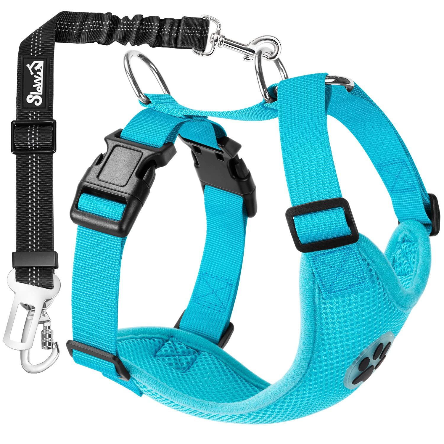 SlowTon Dog Car Harness Seat Belt Set, Dog Vest Harness Adjustable Mesh Breathable & Vehicle Safety Seatbelt Tether with Elastic Bungee for Small Medium Large Pets (Light Blue, M)