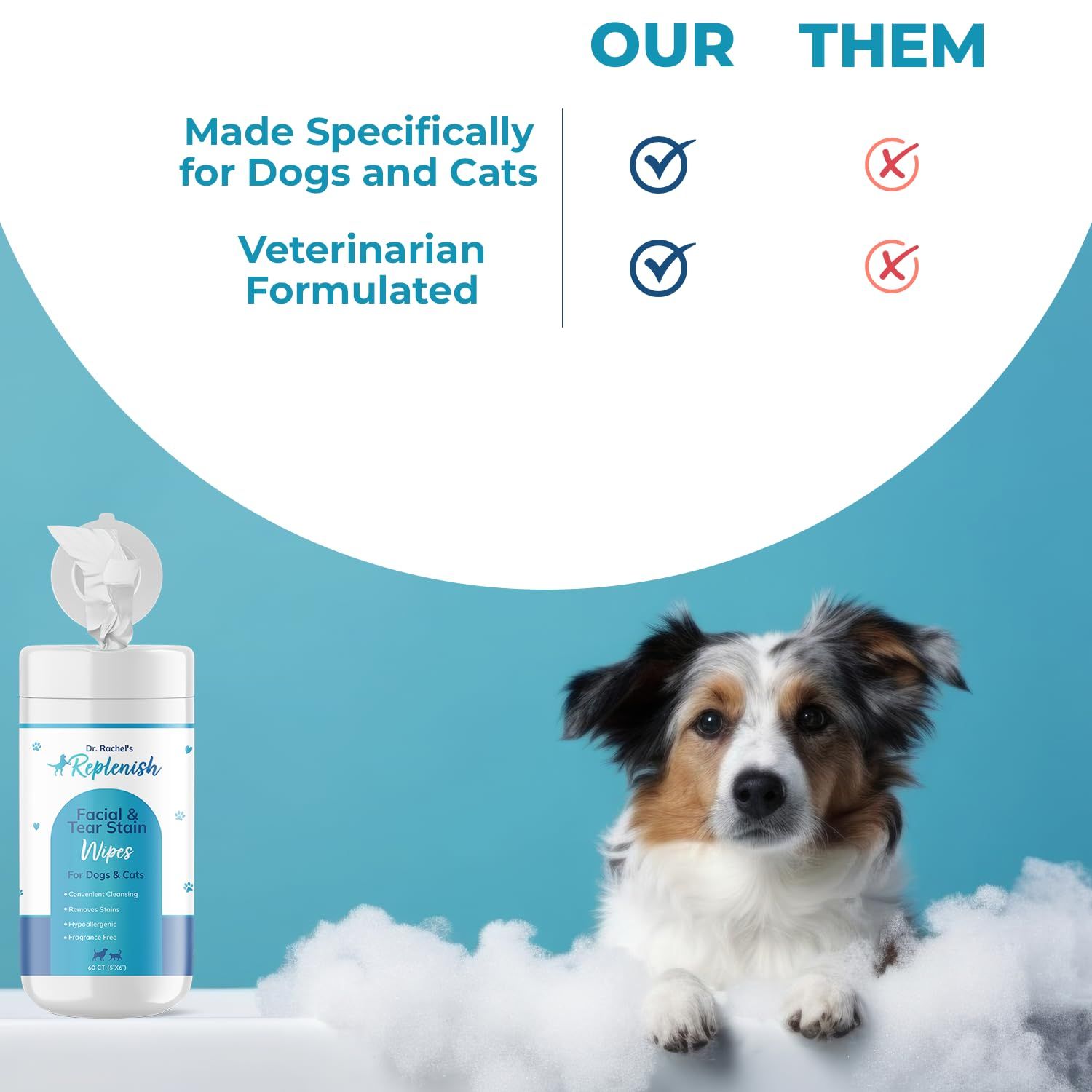Replenish Facial and Tear Stain Remover Wipes for Dogs and Cats - Dog Wipes for Face - Gentle Cleaning Pet Eye Wipes for Cats - Dog Eye Wipes Tear Stain Remover Eye Discharge, and Crust - 60 Count
