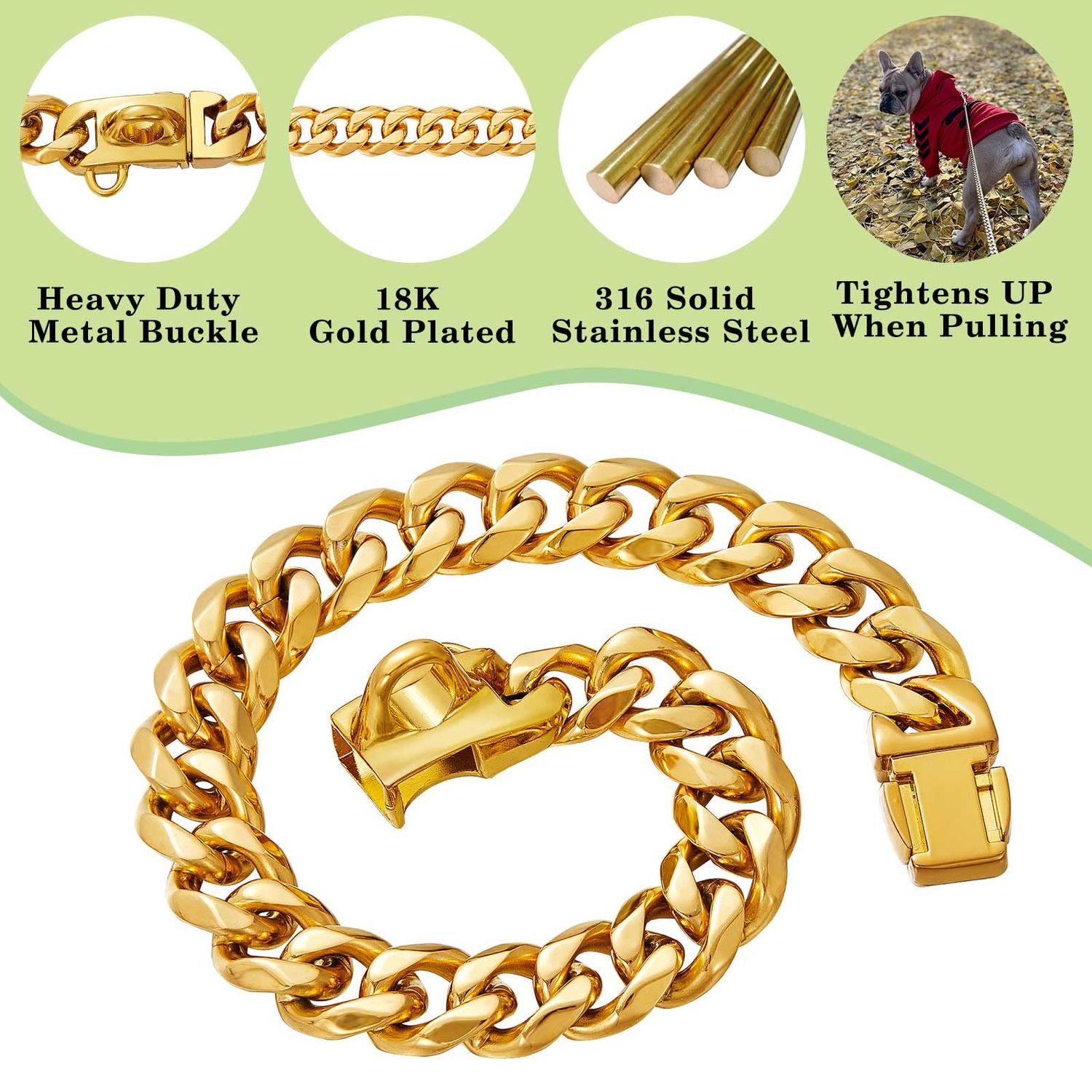 Stainless Steel Silver Gold Dog Collars with Safety Buckle Lock,18K Cuban Link Chain Training Collar,15MM Strong Dog Necklace Heavy Duty Chew Proof for Small Medium Large Dog
