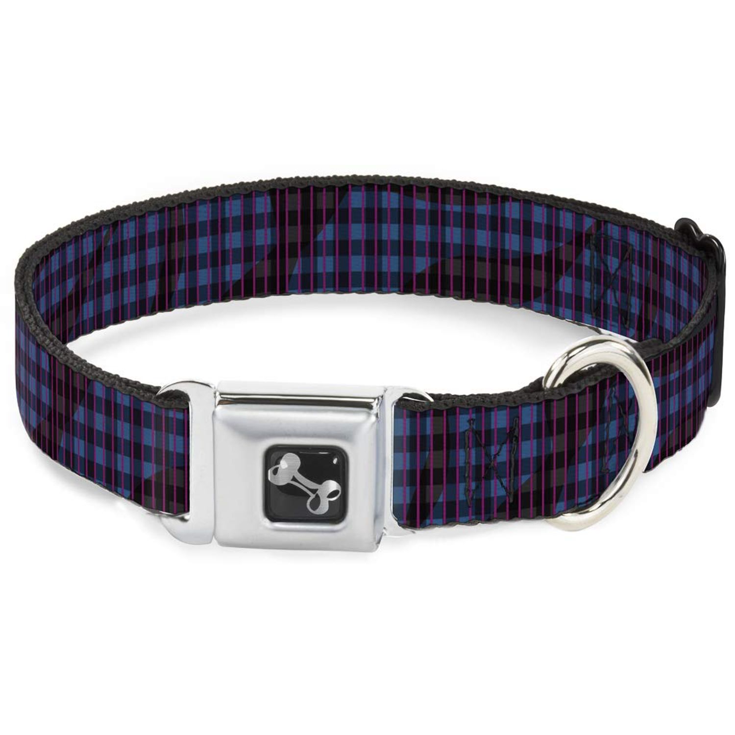 Buckle-Down Seatbelt Buckle Dog Collar - Buffalo Plaid Abstract White/Black/Turquoise - 1.5" Wide - Fits 16-23" Neck - Medium