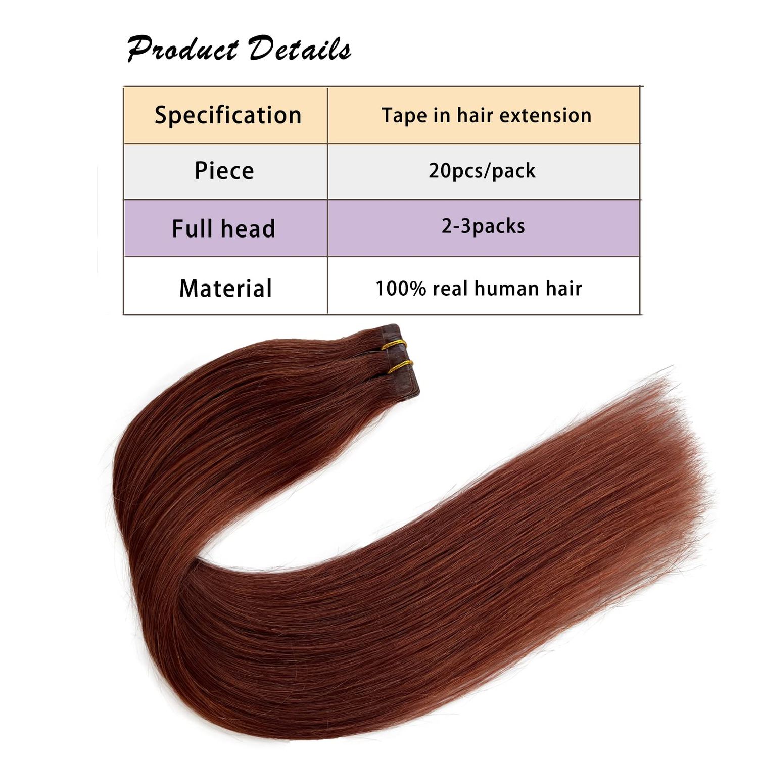 Munx Real Hair Extension Dark Auburn Tape in Human Hair Extension 18inch 20pcs 40g Tape in Remy Silky Straight Natural Hair Extensions