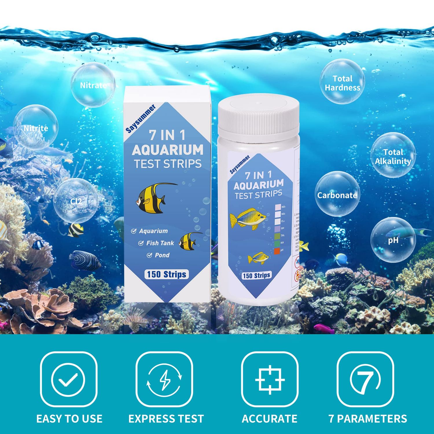 Aquarium Test Strips for Fish Tank: 7-Way 150 Strips Aquarium Water Test Kit Freshwater Saltwater Testing pH Nitrate