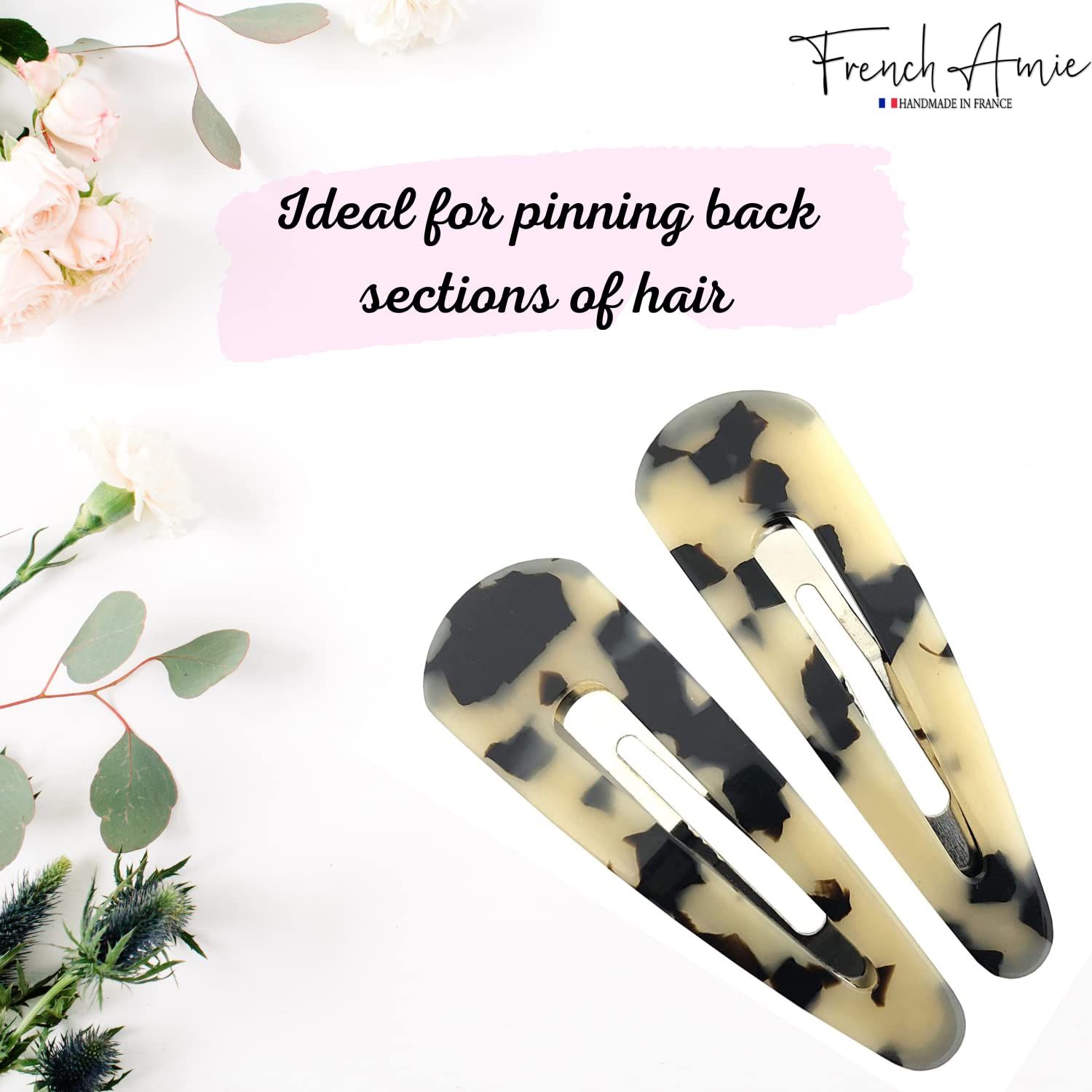 French Amie Clic Clac White Tokyo Large Handmade Celluloid Set of 2 French Snap Clip Barrette Hair Slides Women Strong Hold No Slip Side Slide-in Girls Women Hair Accessories, Made in France