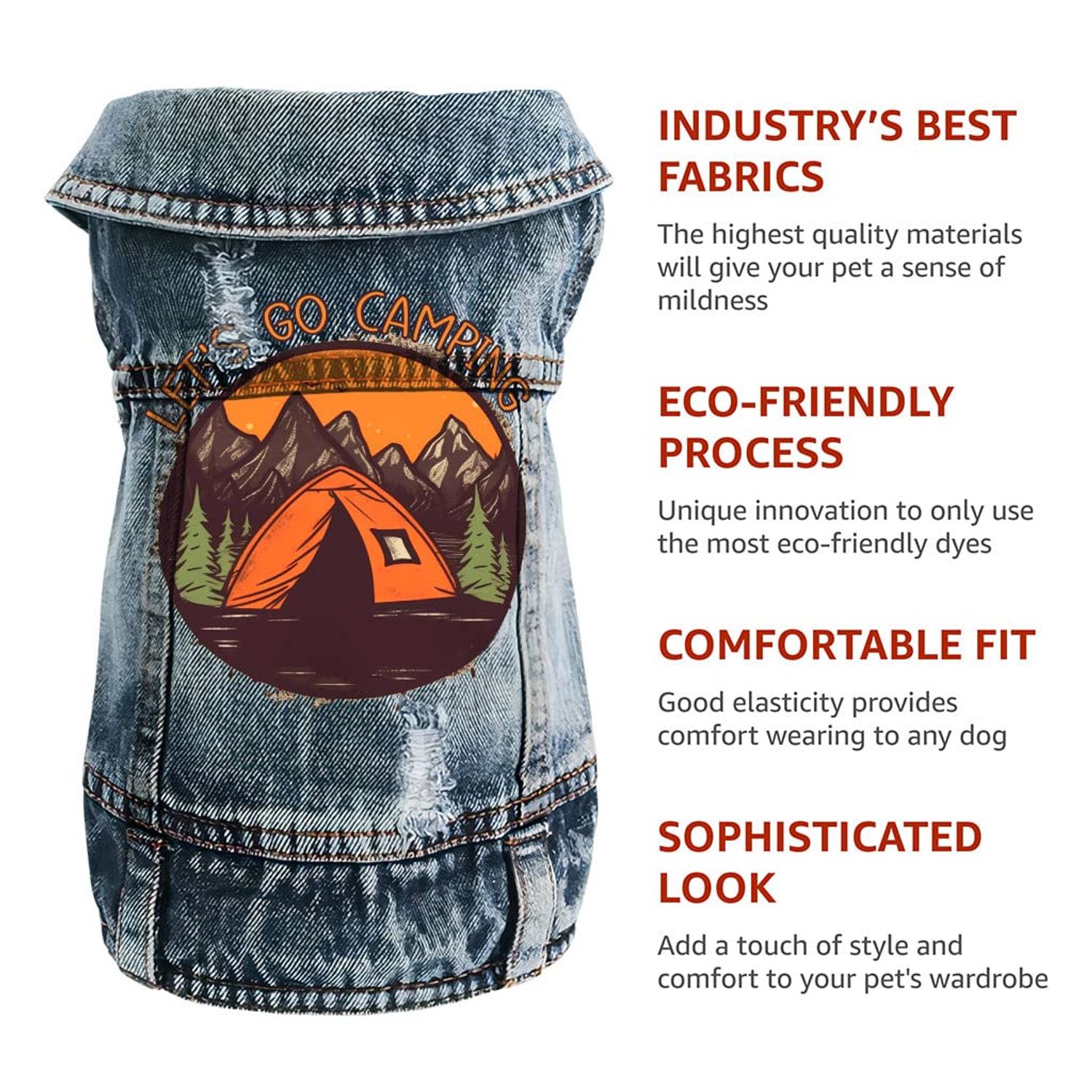 Let's Go Camping Dog Denim Vest - Tent Dog Denim Jacket - Camping Dog Clothing - L
