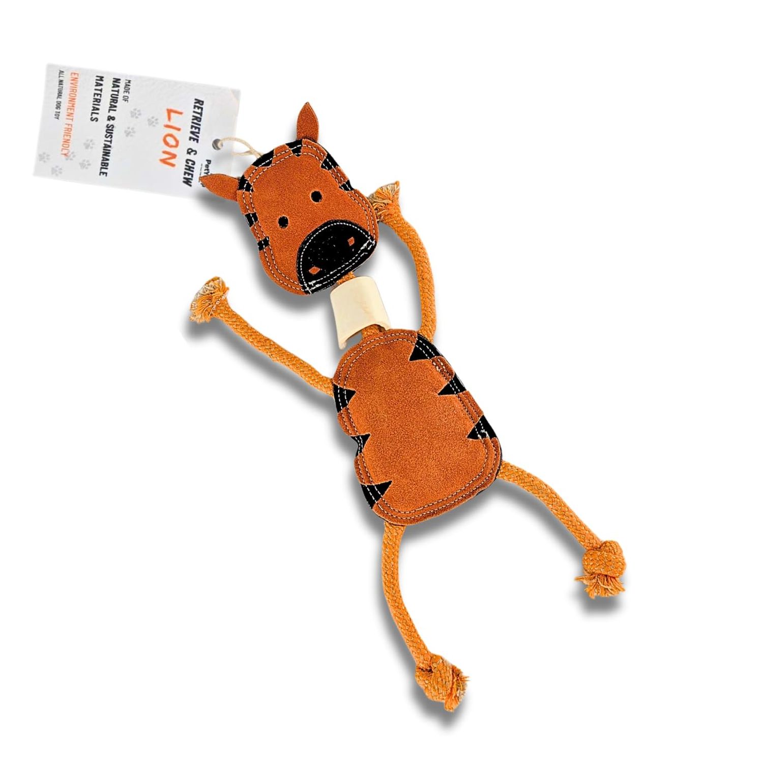 PetYupp Genuine Leather & Jute Dog Tuff Toy with Natural Buffalo Bone and Coconut Fiber Filling - Interactive Dog Toys for Small, Medium Size & Teething Puppy, Tug-of-War Dog Toys - (Orange - Lion)