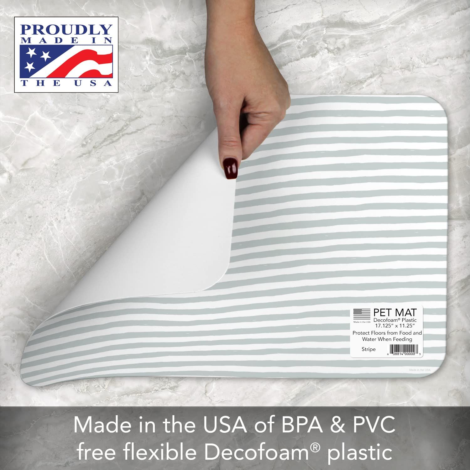 CounterArt Striped Easy Care Waterproof Pet Placemat 17.13” x 11.25” Made in The USA of BPA Free Plastic, Safe for Pets, Protects Floors from Cat & Dog Bowls