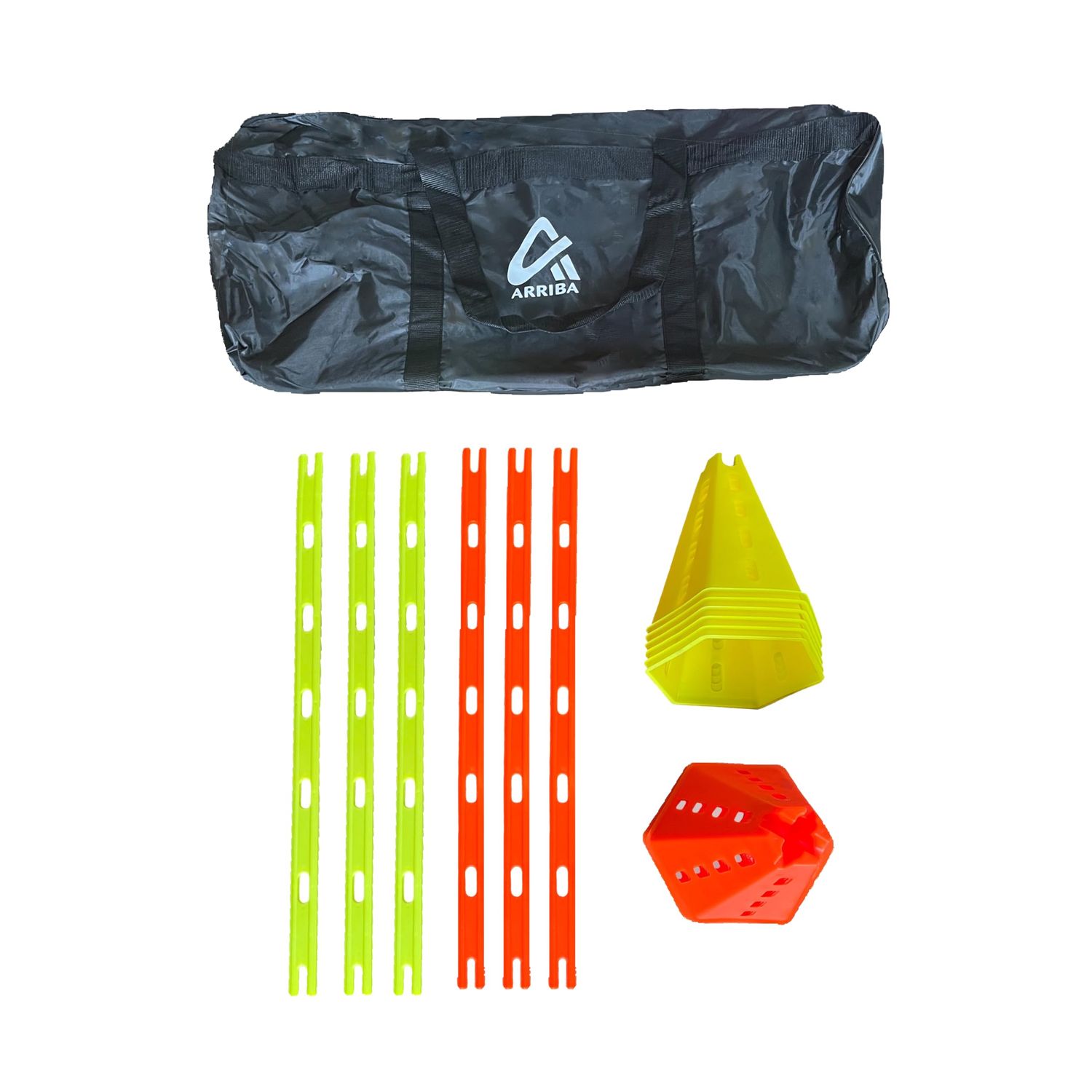 Arriba Sports Cone Hurdle Set; Training Cones and Agility Poles: Agility Training Set; 12 Cones and 6 Agility Poles with Carry Bag