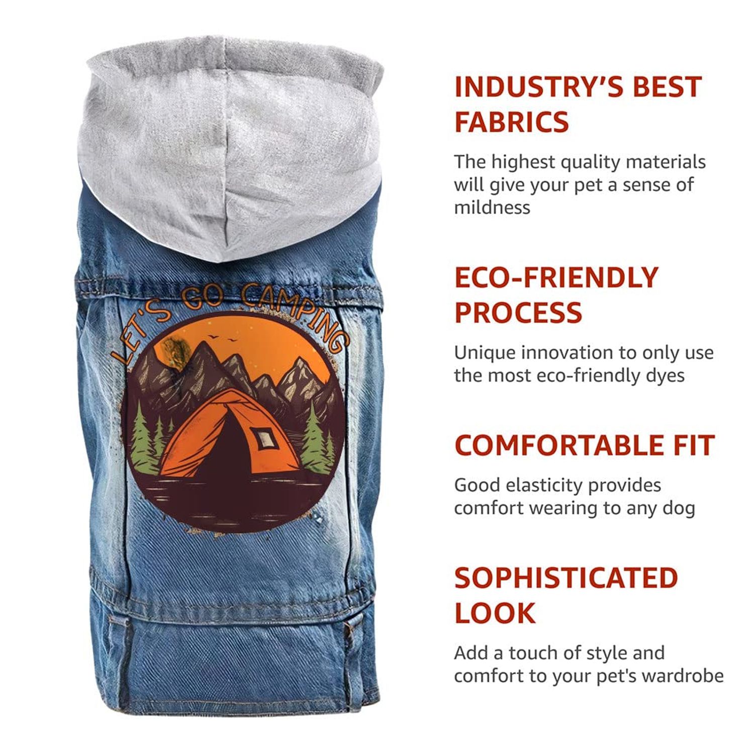 Let's Go Camping Dog Denim Jacket - Tent Dog Denim Coat - Camping Dog Clothing - XL