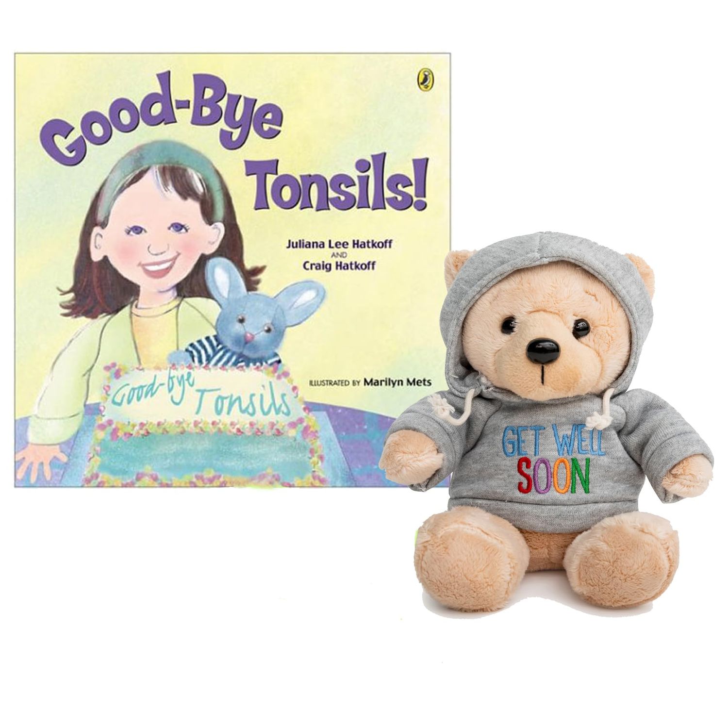 Tonsillectomy Gift Get Well Soon Teddy Bear with Goodbye Tonsils Children's Book Gift Set, Kids Tonsillectomy Recovery - Blue Gray Hoodie
