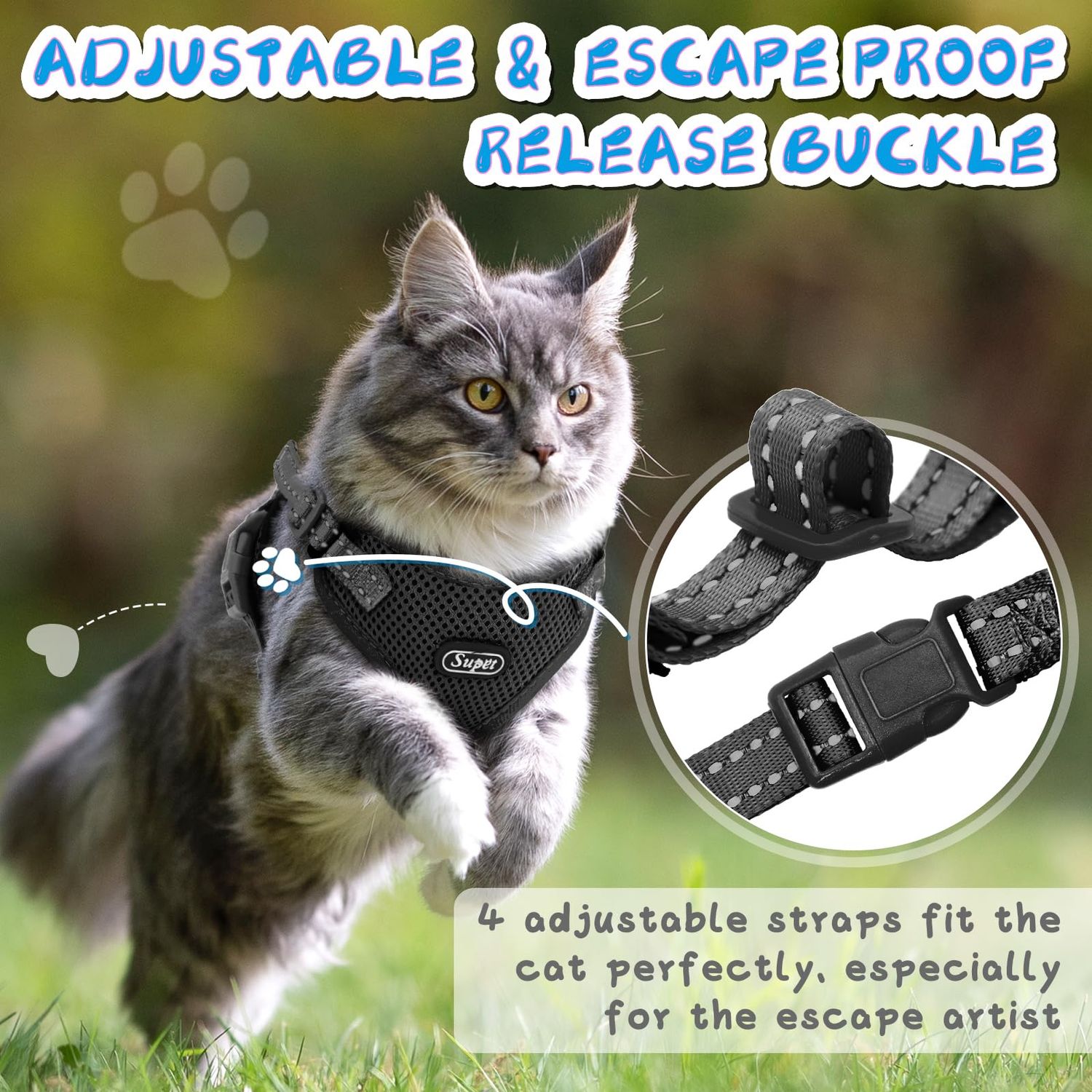 Supet Cat Harness and Leash Set for Small to Large Cats Adjustable Cat Vest Harness with Reflective Trim Universal Cat Leash and Harness for Cats/Puppies Outdoor Walking