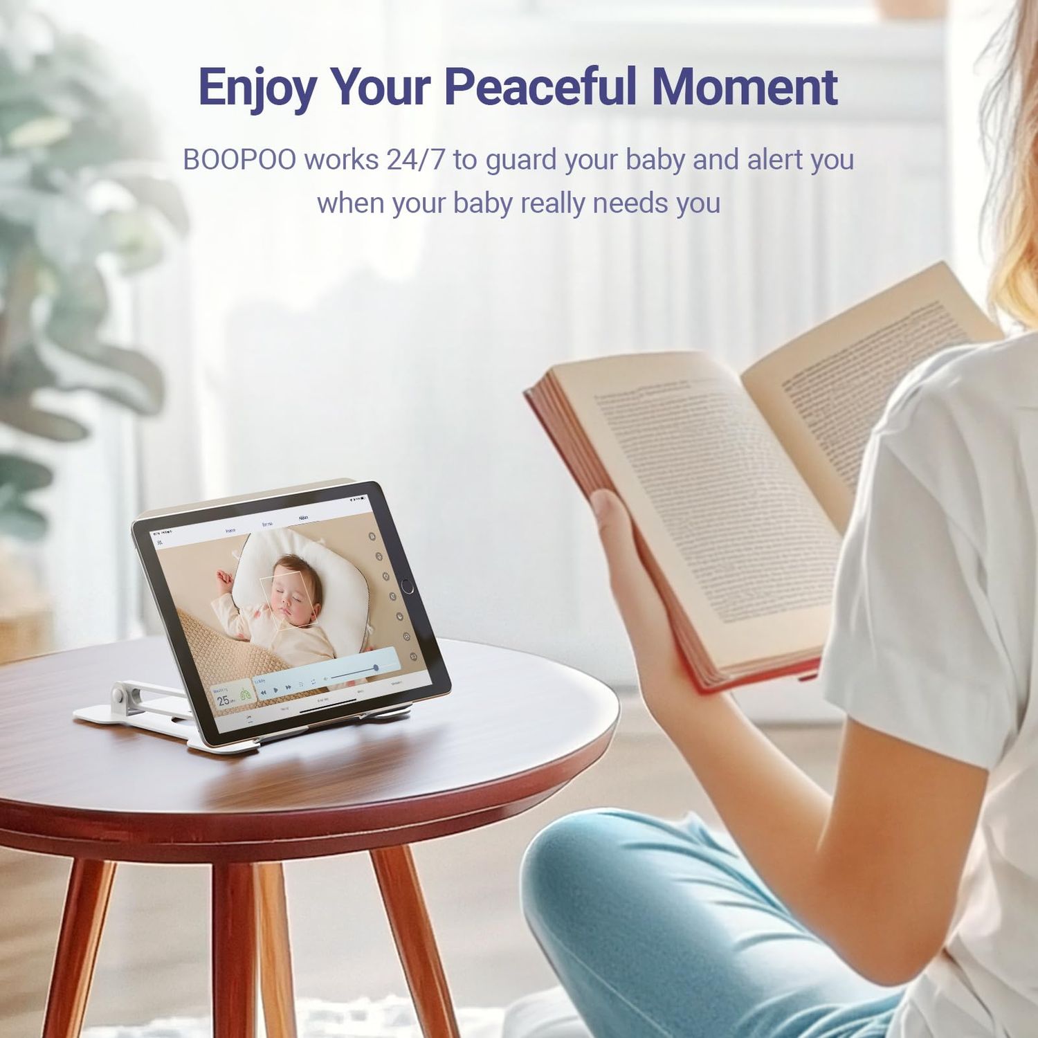BOOPOO Smart Baby Monitor Contact-Free AI Solution for Breathing Tracker & Cry/Cross/Safe Zone Detection, 2K Viedo Camera HD Night Vision, 2-Way Audio, Soothing Sounds, No Monthly Fee(Crib Mount)