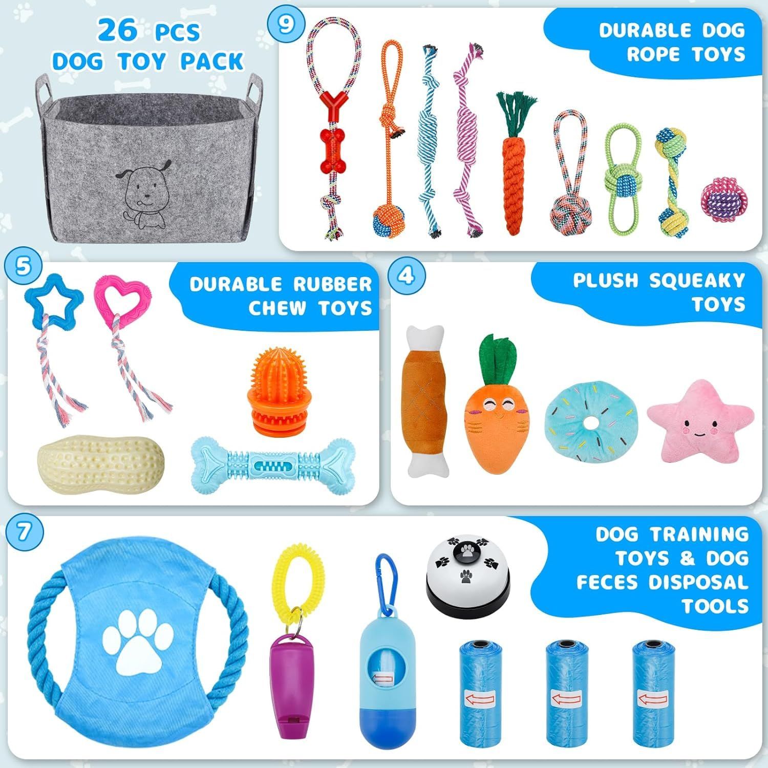 Aignis Puppy Chew Toys for Teething, 26 Pack Dog Chew Toys Puppy Teething Toys, Interactive Dog Rope Toys with Bin, Dog Toys for Small & Medium Dogs