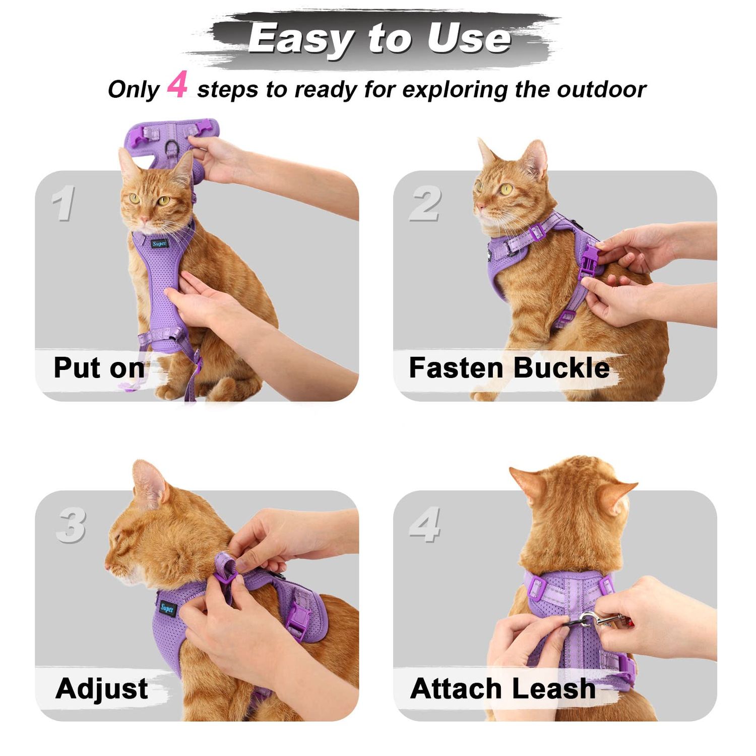 Supet Cat Harness and Leash Set for Small to Large Cats Adjustable Cat Vest Harness with Reflective Trim Universal Cat Leash and Harness for Cats/Puppies Outdoor Walking