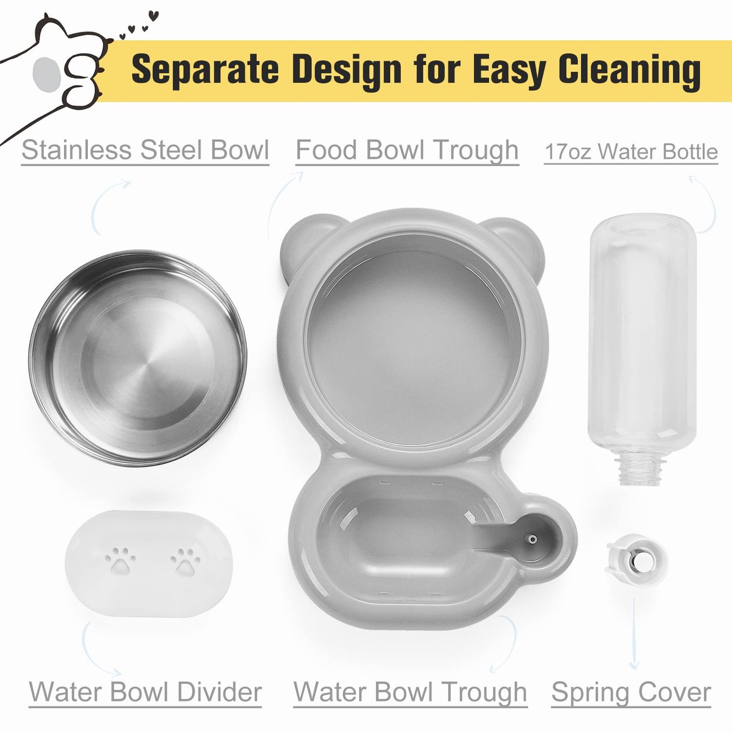 Dog Bowls, Cat Food and Water Bowl Set with Water Dispenser and Stainless Steel Bowl for Cats and Small Dogs - Grey