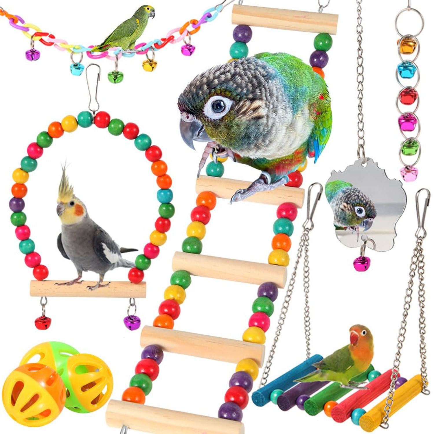 YIXUND Bird Toys for Parakeets 9Pcs,Bird Wooden Ladder Bridge Parrots Toys Budgie Toys Bird Cage Accessories,Swing Hammock for Conure,Cockatiel,Love Birds, Finches, Mynah,Budgerigar