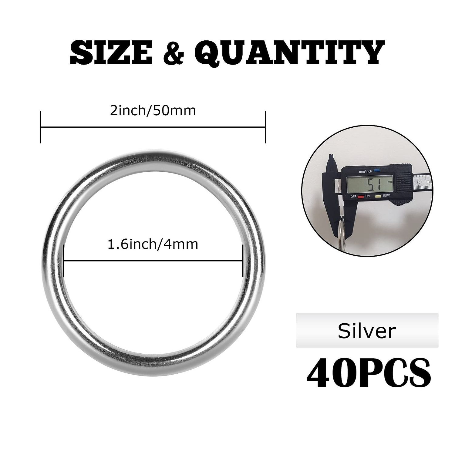 FVIEXE 40PCS Craft Metal Rings, 2 Inch / 50mm O Ring Multi-Purpose Welded Rings 304 Stainless Steel Round for Macrame, Camping Belt, Dog Leashes, Hardware, Bags and More Crafts Project Silver