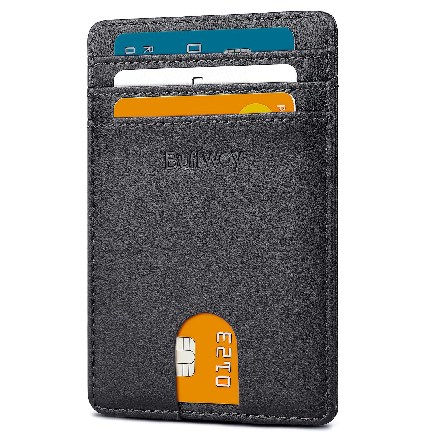Buffway Mens Slim Wallet, Minimalist Thin Front Pocket Leather Credit Card Holder with RFID Blocking for Work Travel - Boston Black