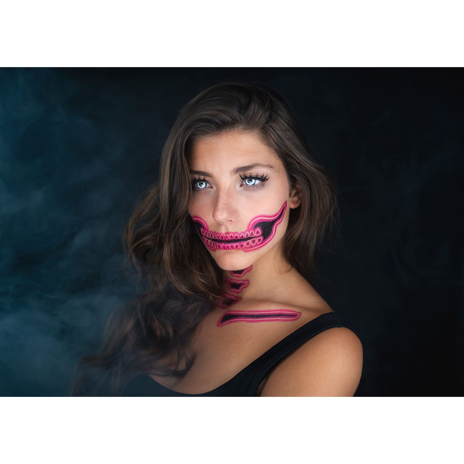 Tattoocrew 2 x Neon Skull Face Pink Temporary Tattoo, Halloween Costume for Women and Men, Adult, Glow in the Dark