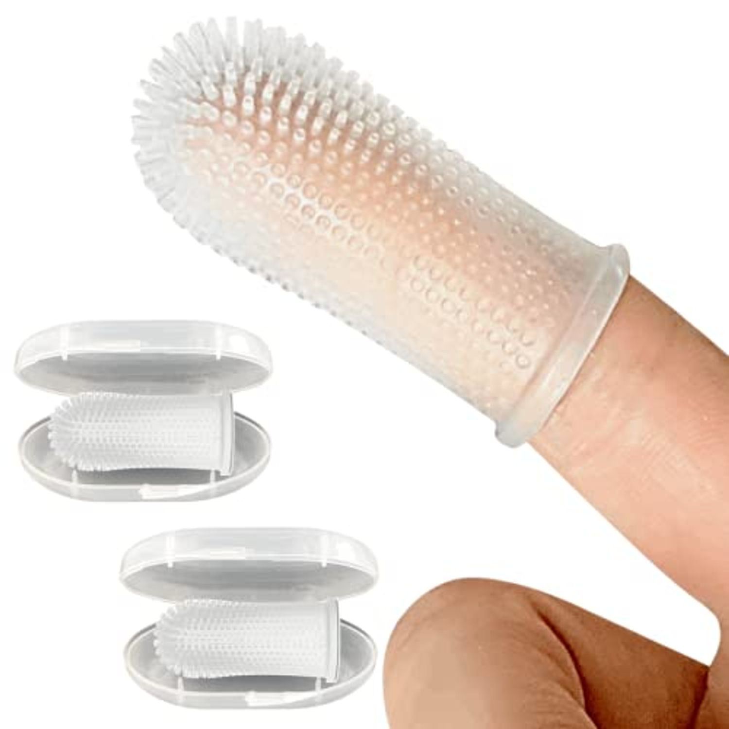 360º Bristle Silicone Baby Finger Toothbrush, 100% BPA Free for Toddlers and Infants 3 Months and Up, Full Surround Design for Teeth and Gum Cleaning; 2 Sets of Finger brushes – Clear