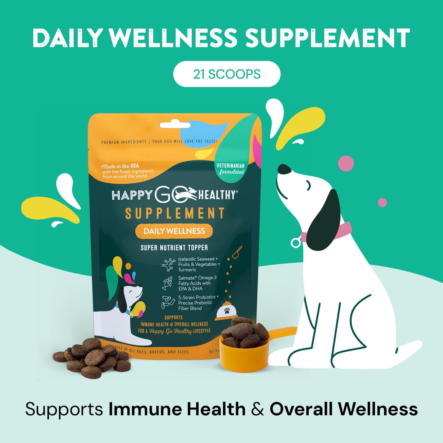 Happy Go Healthy Daily Wellness Supplements for Dogs | Boosts Immune System Support and Digestive Gut Health for Dogs and Puppies | All Natural Ingredients Tasty Kibble Dog Food Topper | 21 Count Pack