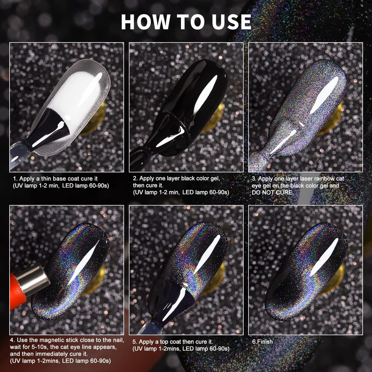 RARJSM Cat Eye Gel Nail Polish, Galaxy Chameleon Magnetic Gel Polish Black Holographic Glitter Gel Soak Off UV LED DIY Manicure Art for Salon Designs and Home DIY 7.5ML/0.26fl oz