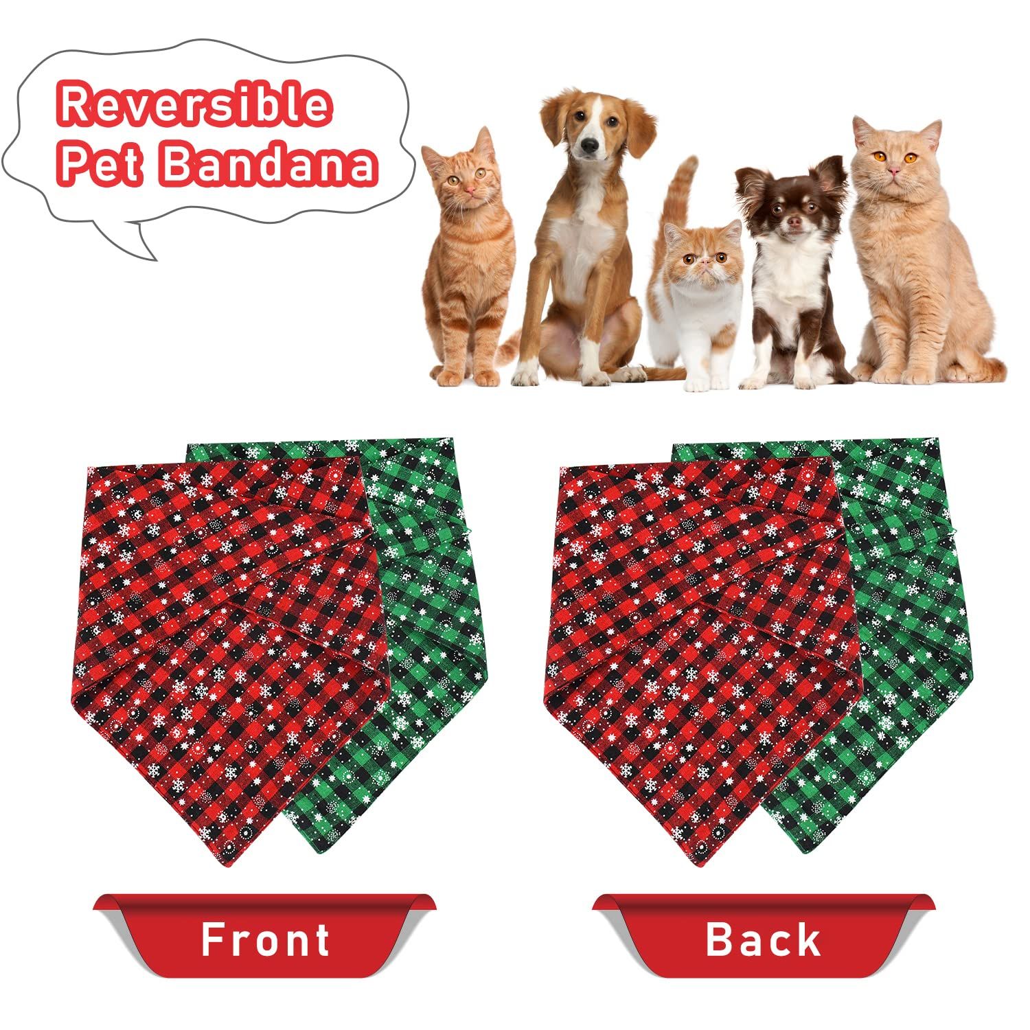 Malier 2 Pack Dog Bandana Christmas Classic Plaid Snowflake Pet Scarf Triangle Bibs Kerchief Set Pet Costume Accessories Decoration for Small Medium Large Dogs Cats Pets (Large, Green + Red)