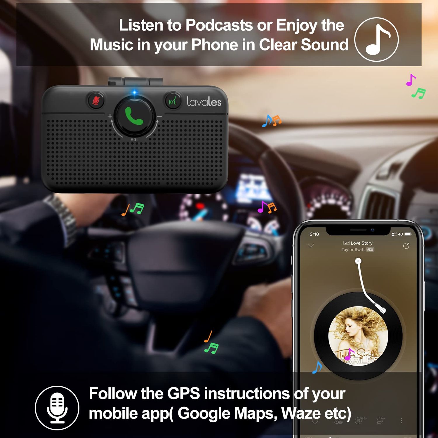 Lavales Car Bluetooth 5.3 Speaker, Handsfree Bluetooth Car kit for Cell Phone, Support Siri Google Voice Assistant/Motion AUTO ON, Car Phone Speakerphone with Visor Clip