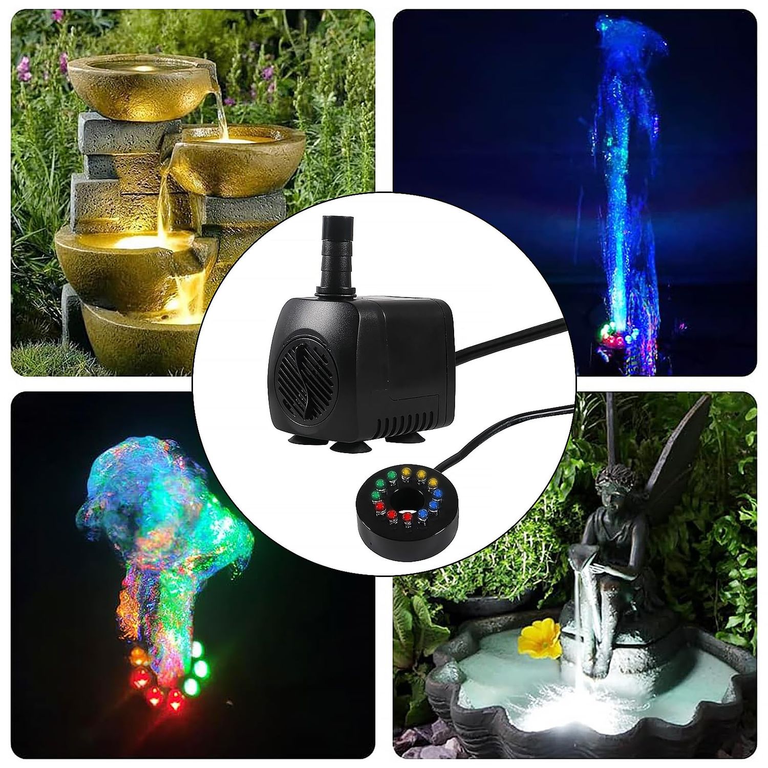AITIAO 15W 220 GPH Submersible Fountain Water Pump Ultra Quiet Adjustable Pump (800L/H) with 12 Colorful Automatic Color Changing LED Lights for Water Feature Aquarium fish tanks Outdoor Fountain