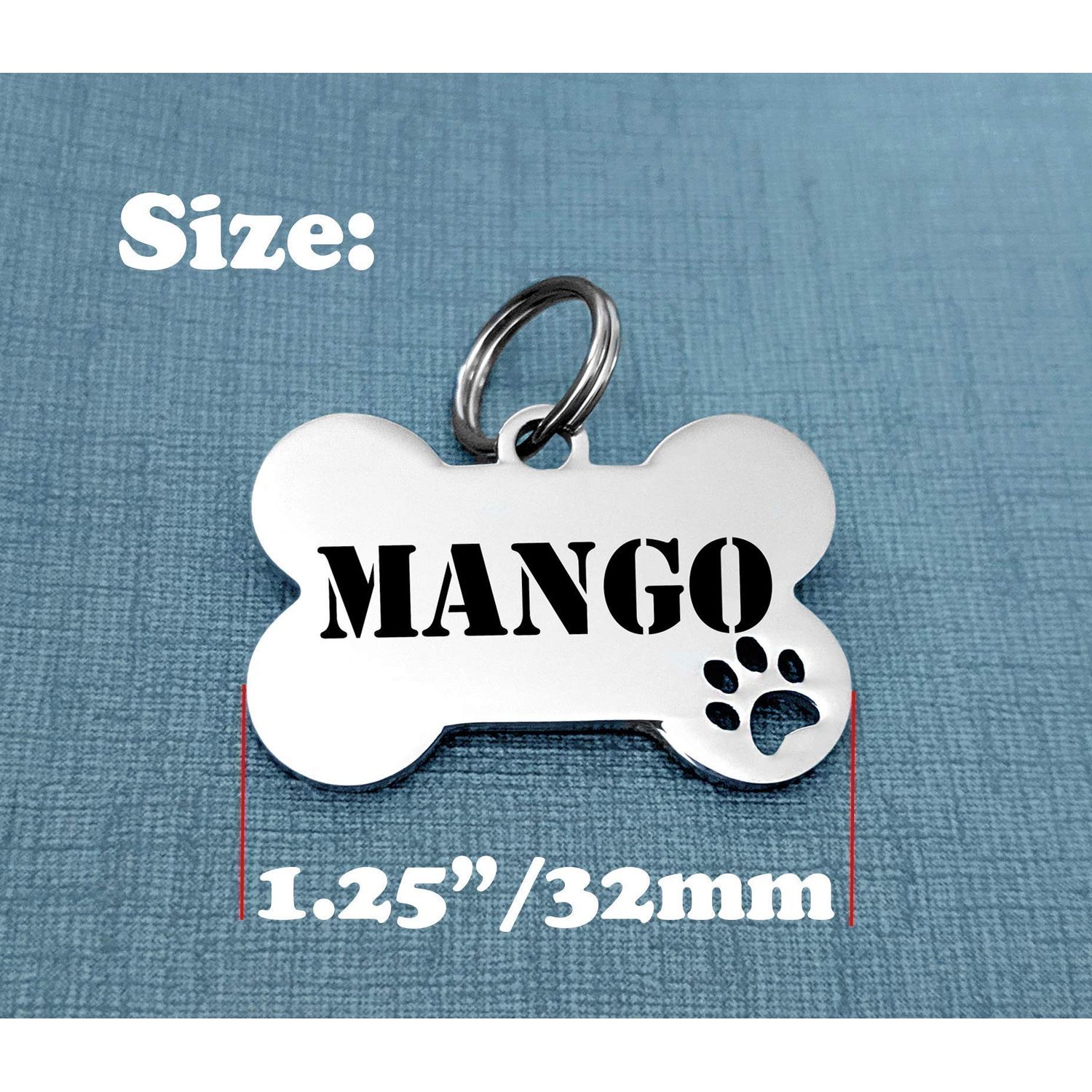 Pet ID Tags, Personalized Engraved Stainless Steel Pet Tag, Bone Shape, 3 Fonts, Paw Cutout, Cat Tag Dog Tag, Back Engraved INCLUDED