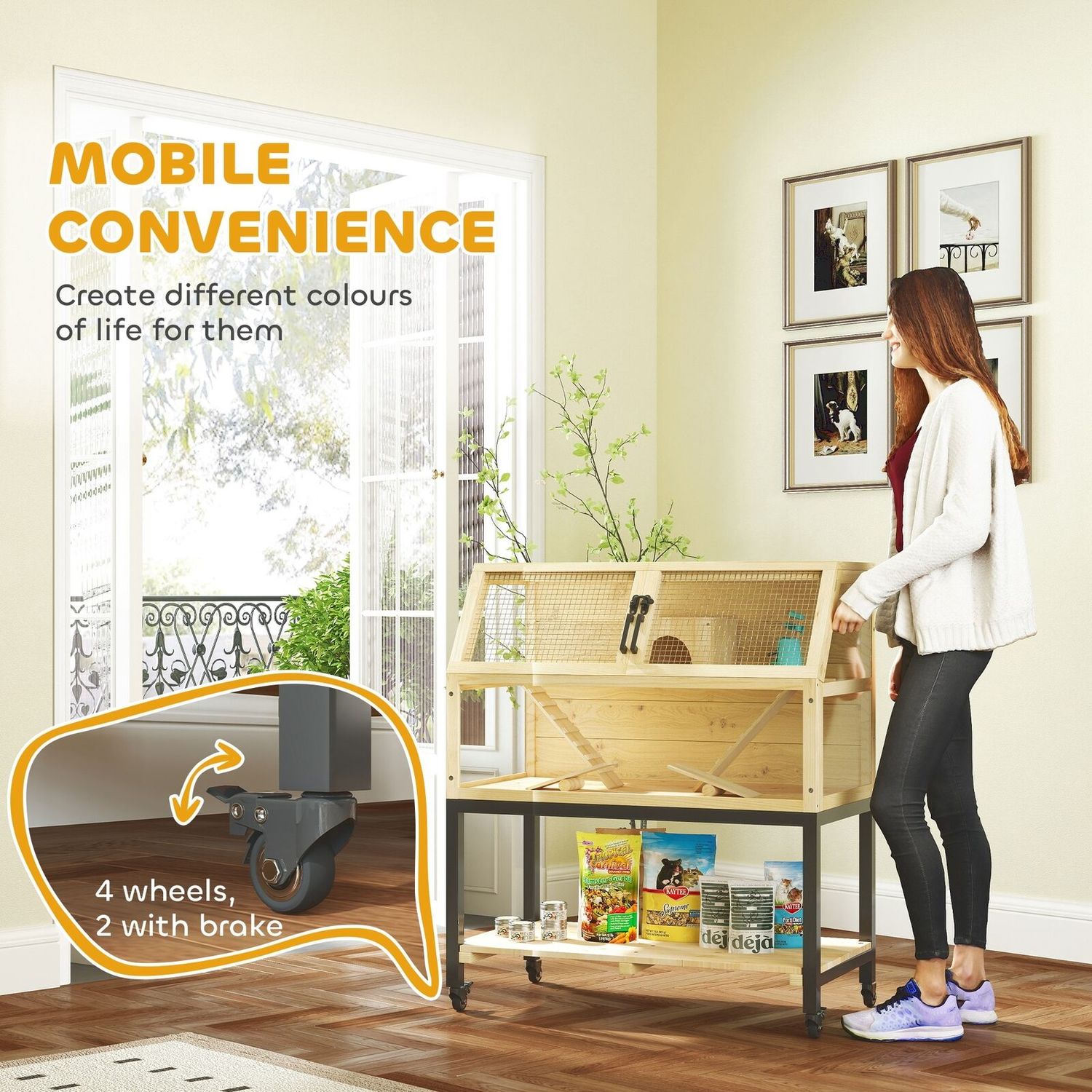 Hamster Cage on Wheels with Storage Shelf, 34"L x 17"W x 40"H