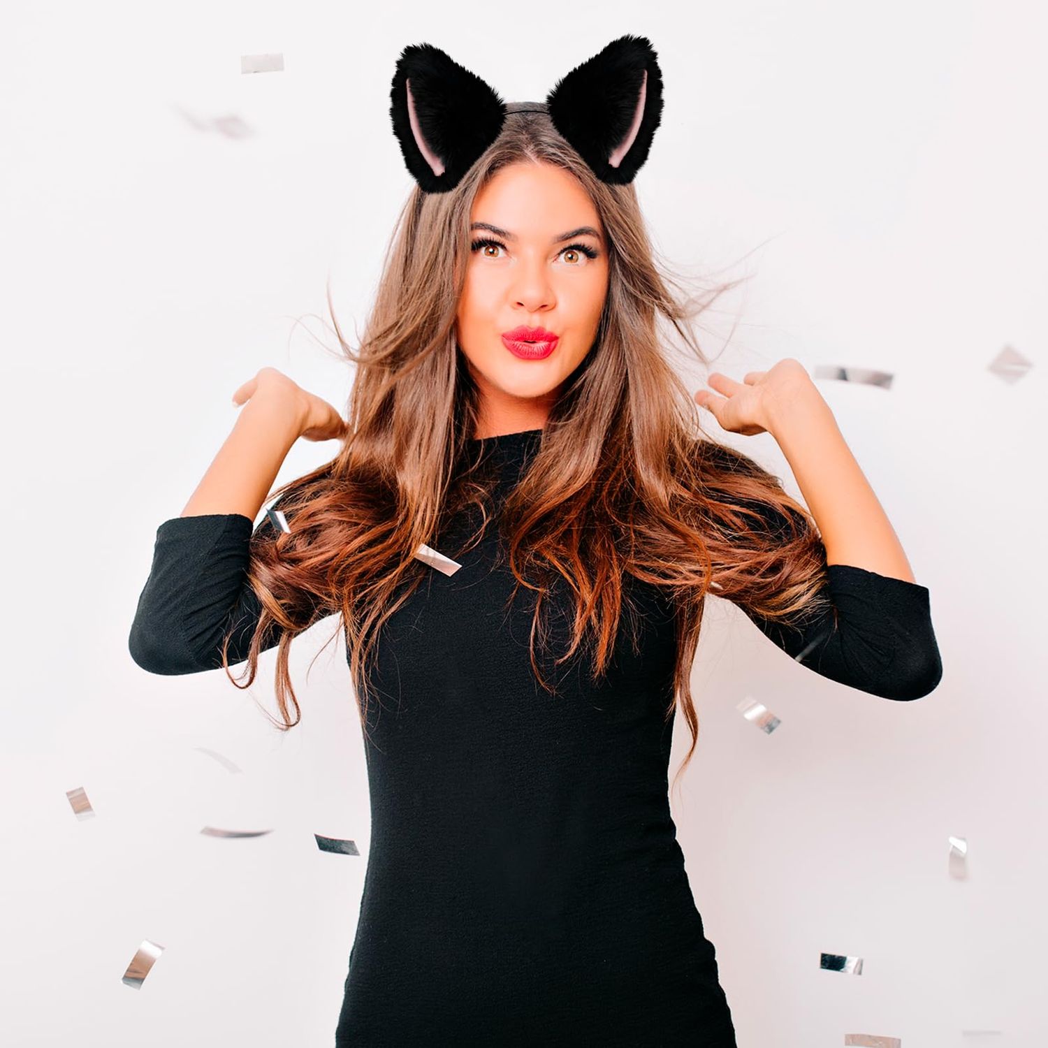 Cat Fox Ears Headband for Women Girls, Halloween Cosplay Cat Costume Faux Fur Ears Headbands Hair Accessories for Adult Kids (Black & Pink)