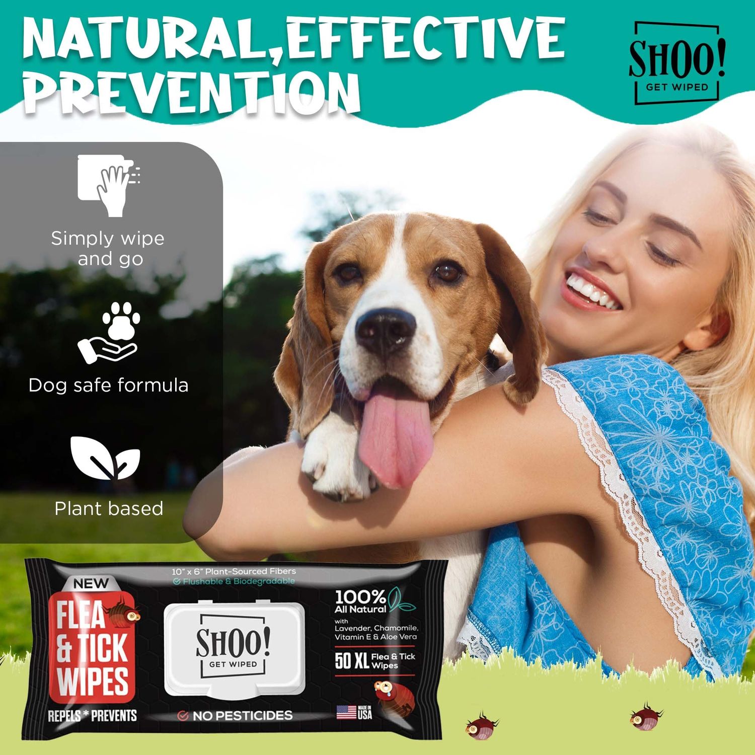 Shoo! Flea & Tick Wipes | Convenient, Easy On-The-Go Protection | Plant Based, Natural Oils, Chemical Free | Repels & Prevents | 50 XL Wipes (2 Pack) | Original -Lavender