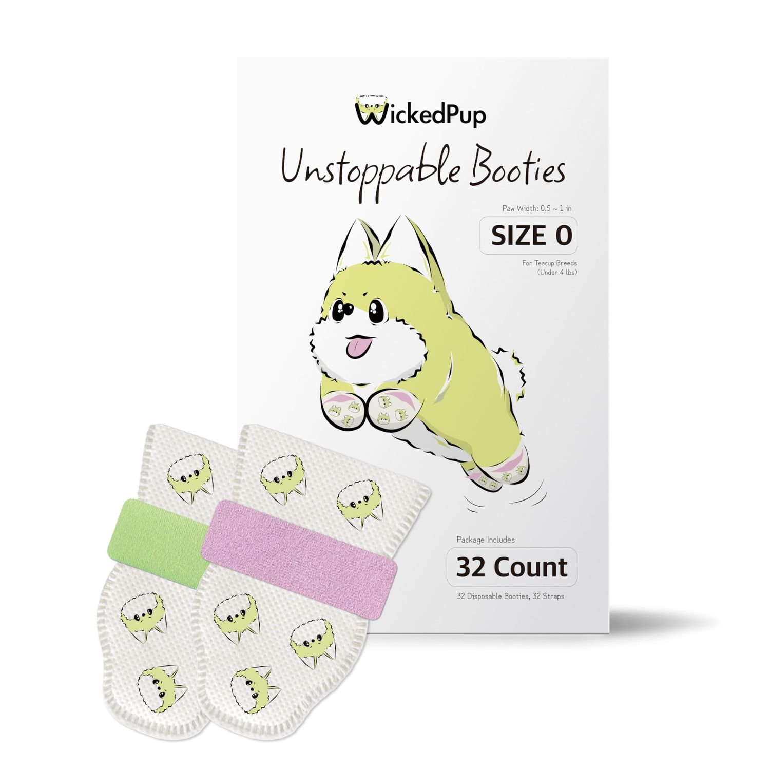 WICKEDPUP Unstoppable Booties for Dogs & Cats, 32 Count, Size 0 | Disposable Dog Boots & Paw Protectors | Breathable Puppy Shoes to Prevent Licking Paws (Size 0: Paw Width 0.5~1 inch)