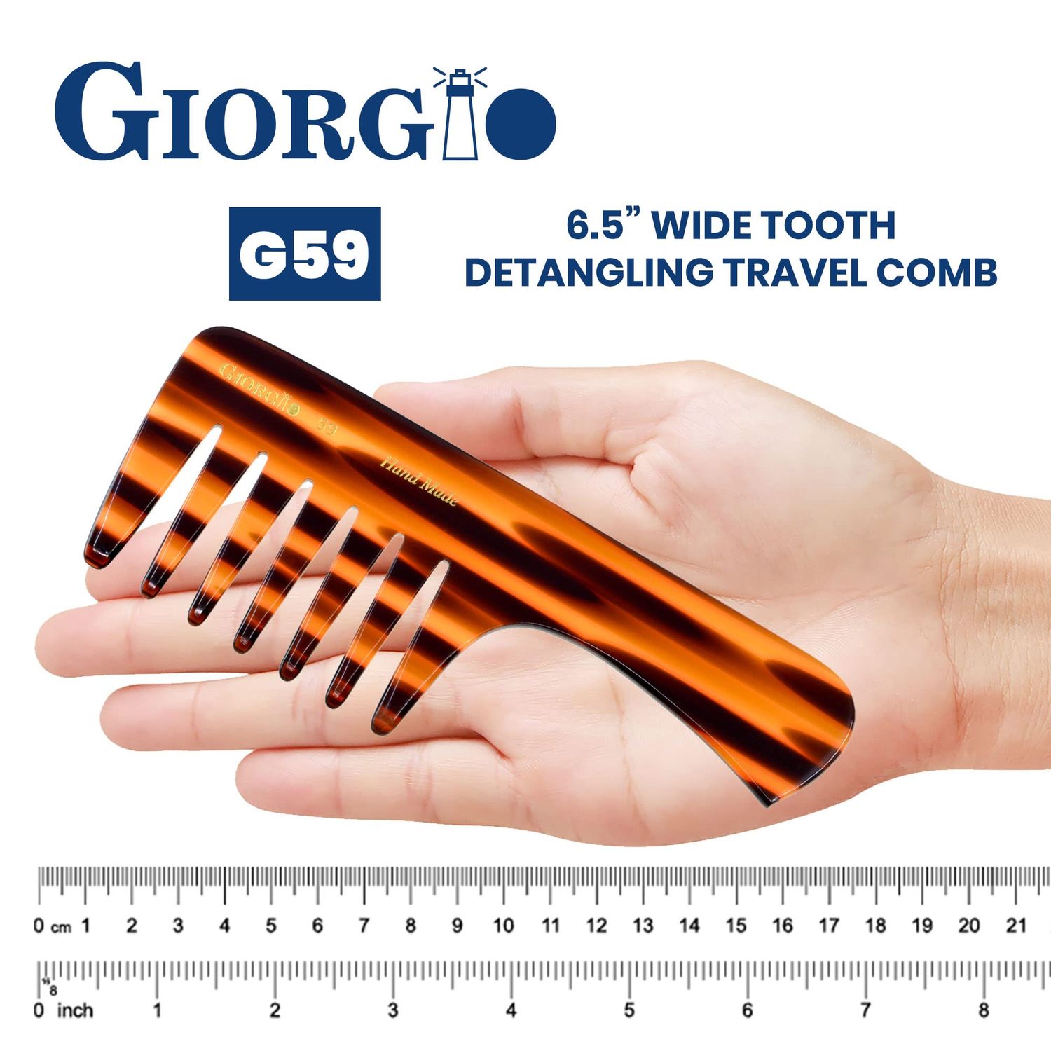 Giorgio G59 Extra Wide Tooth Detangler Comb (6.5") Large Tooth Comb with Handle for Thick, Wavy, or Curly Hair. Travel Hair Comb for dry or Wet Hair, Handmade Wet Comb Saw-Cut and Hand Polished
