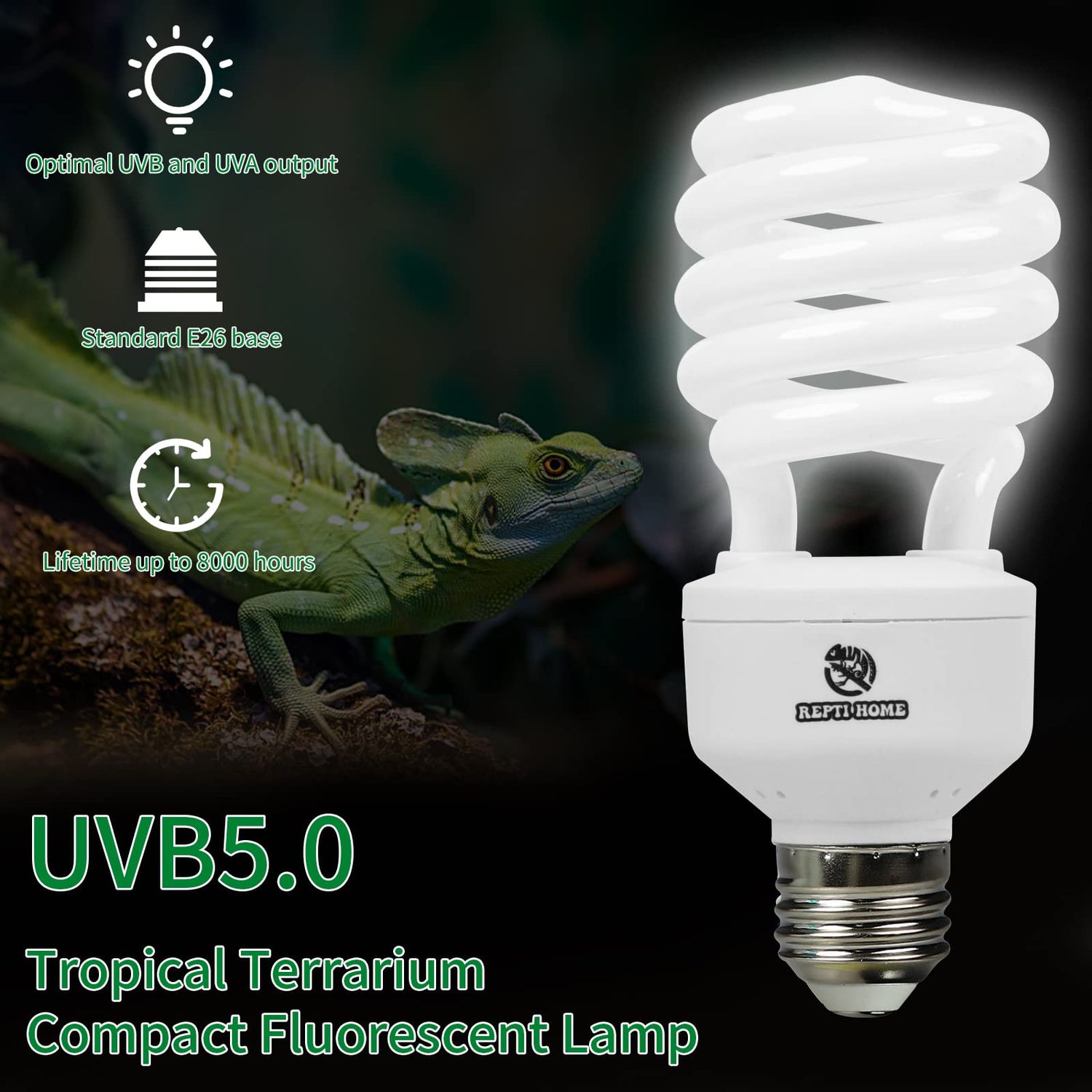 REPTI HOME UVB Reptile Light 5.0, 13W Tropical and Sub-Tropical UVA UVB Bulb for Reptiles, Tropical Terrarium Compact Fluorescent Lamp, Reptile UVB Light Bulb for Chameleons, Iguanas and Turtles