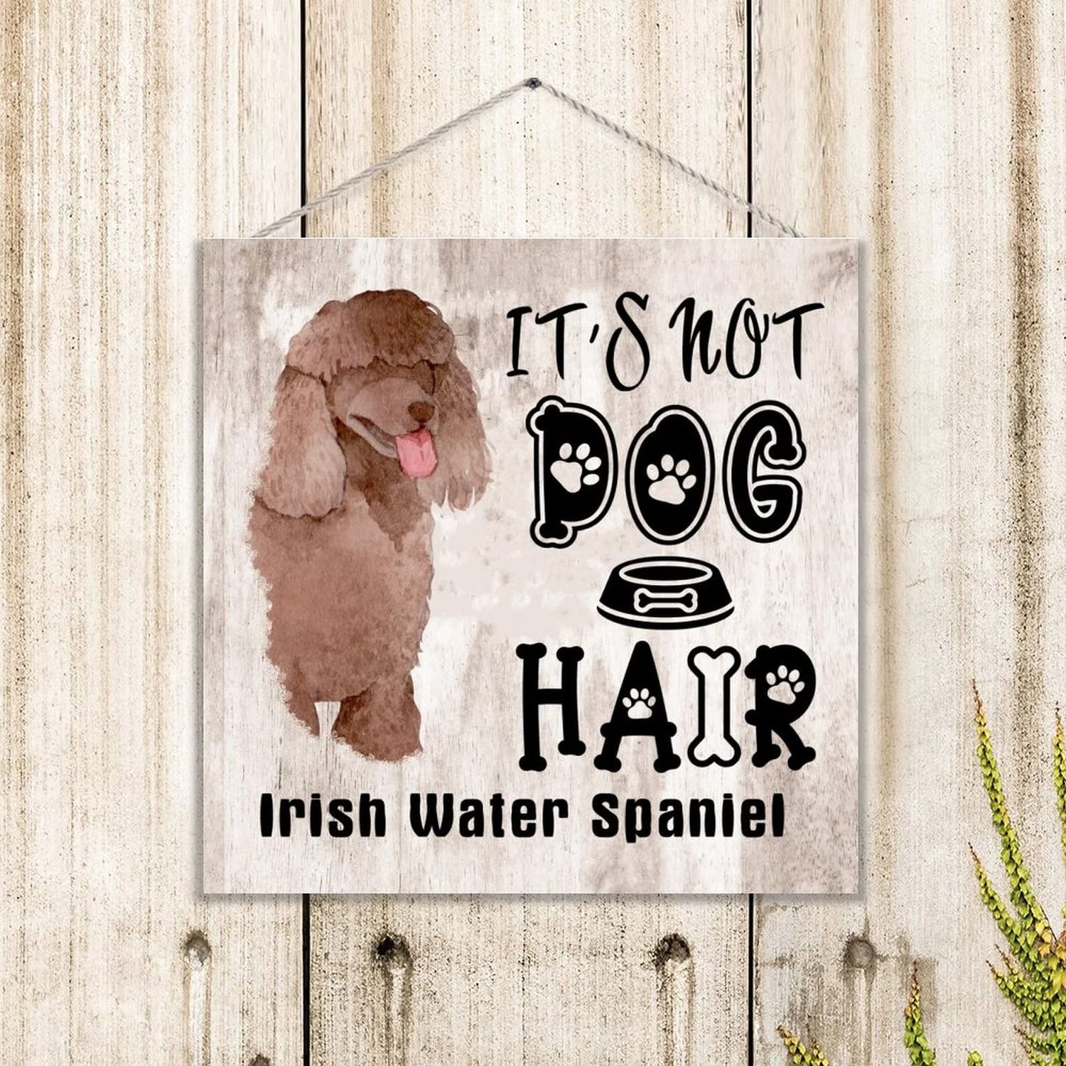 WengBeauty It's Not Dog Hair It's Irish Water Spaniel Retro Wall Art Wood Hanging Wall Plaque Sign Funny Farmhouse Wooden Hanging Sign Plaque with Rope for Farm, Dog house, Dog Lovers Gifts 8x8 Inch