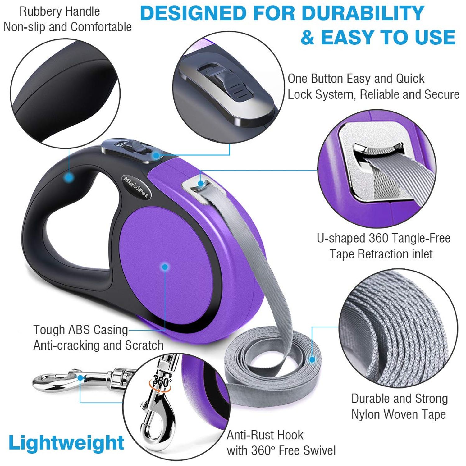 Heavy Duty Retractable Dog Leash-16ft Strong & Durable Walking Leash for S to L Dogs up to 45/115 lbs, Upgraded Lock System, Non Slip Grip, Tangle Free (Small/Medium, Purple)