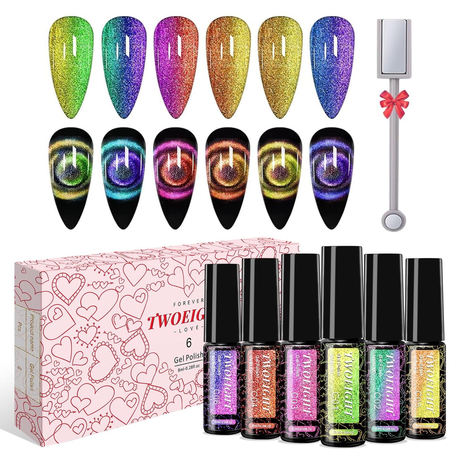 TWOEIGHT 9D Cat Eye Gel Nail Polish, Magnetic Cat Eye Gel Polish Set, 8ml*6 with 1Magnets, Classic Colors Chameleon Magic Galaxy Effect Soak off Nail Art - Sparkle Stunning Gel Polish Gift for Women