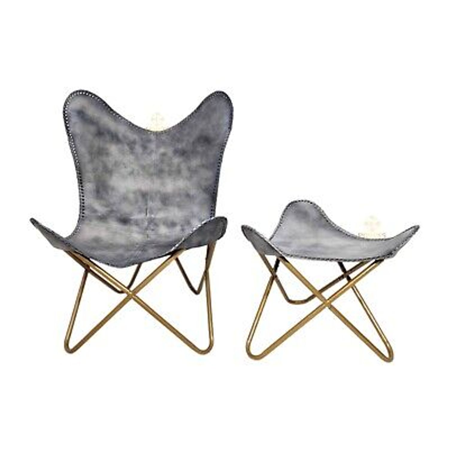 Butterfly Leather Chair & Ottoman – Gray Leather Folding Chair/Footstool