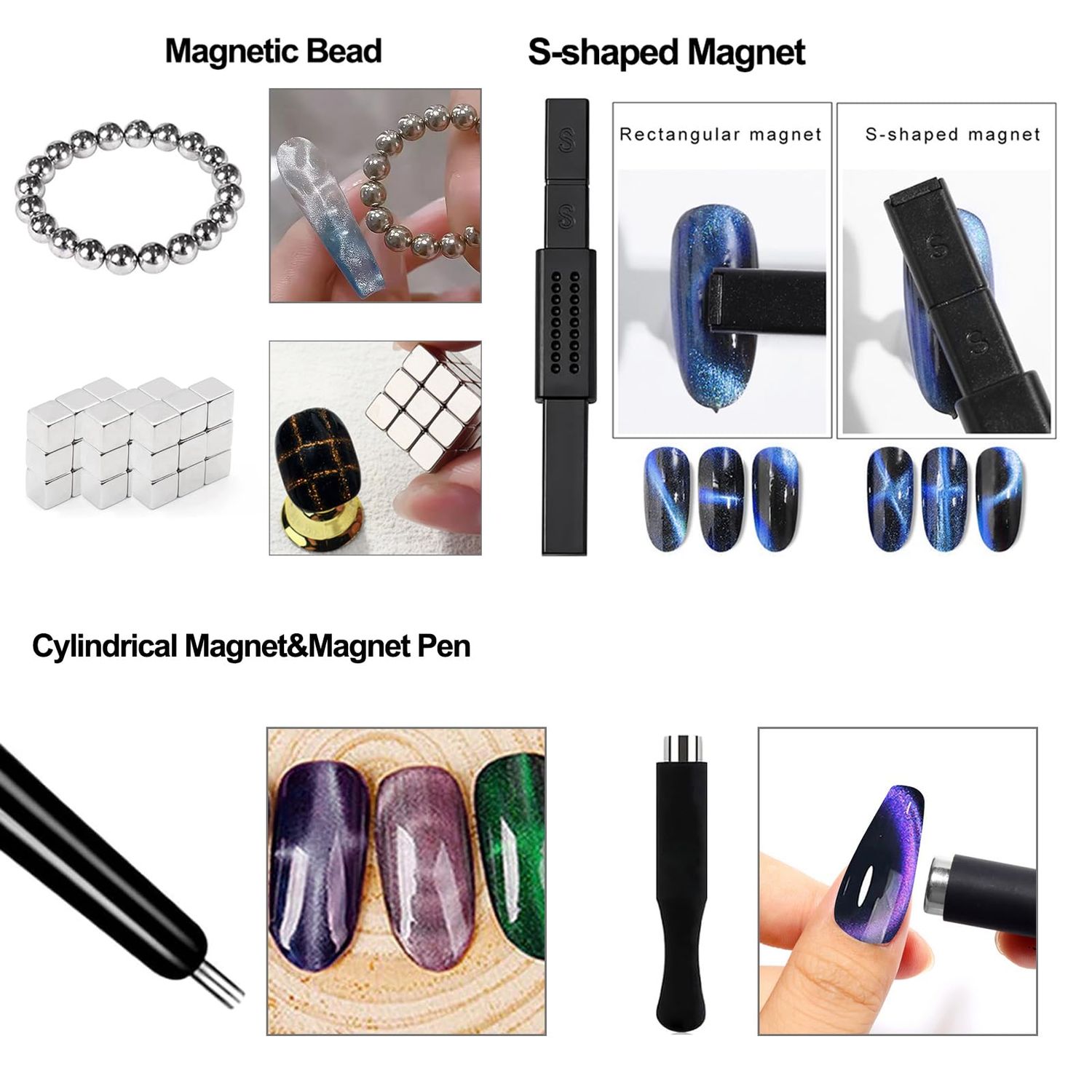 XEAOHESY 60 Pieces Cat Eye Magnet for Nails Beads Cube Nail Magnet Multi-Functional Nail Magnet Wand Magnet Stick Magnetic Pen 9 Nail Magnet Plates With Different Patterns for Cat Eye Gel Nail Polish