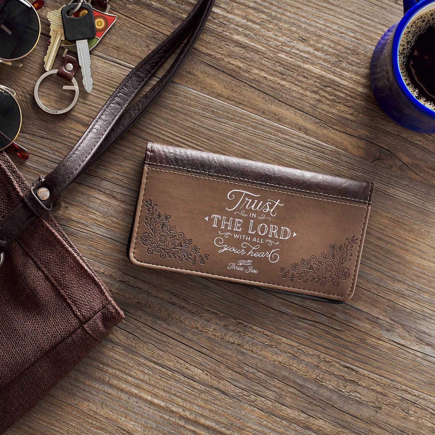 Christian Art Gifts Checkbook Cover for Women & Men Trust in The Lord Christian Brown Wallet, Faux Leather Christian Checkbook Cover for Duplicate Checks & Credit Cards - Proverbs 3:5-6