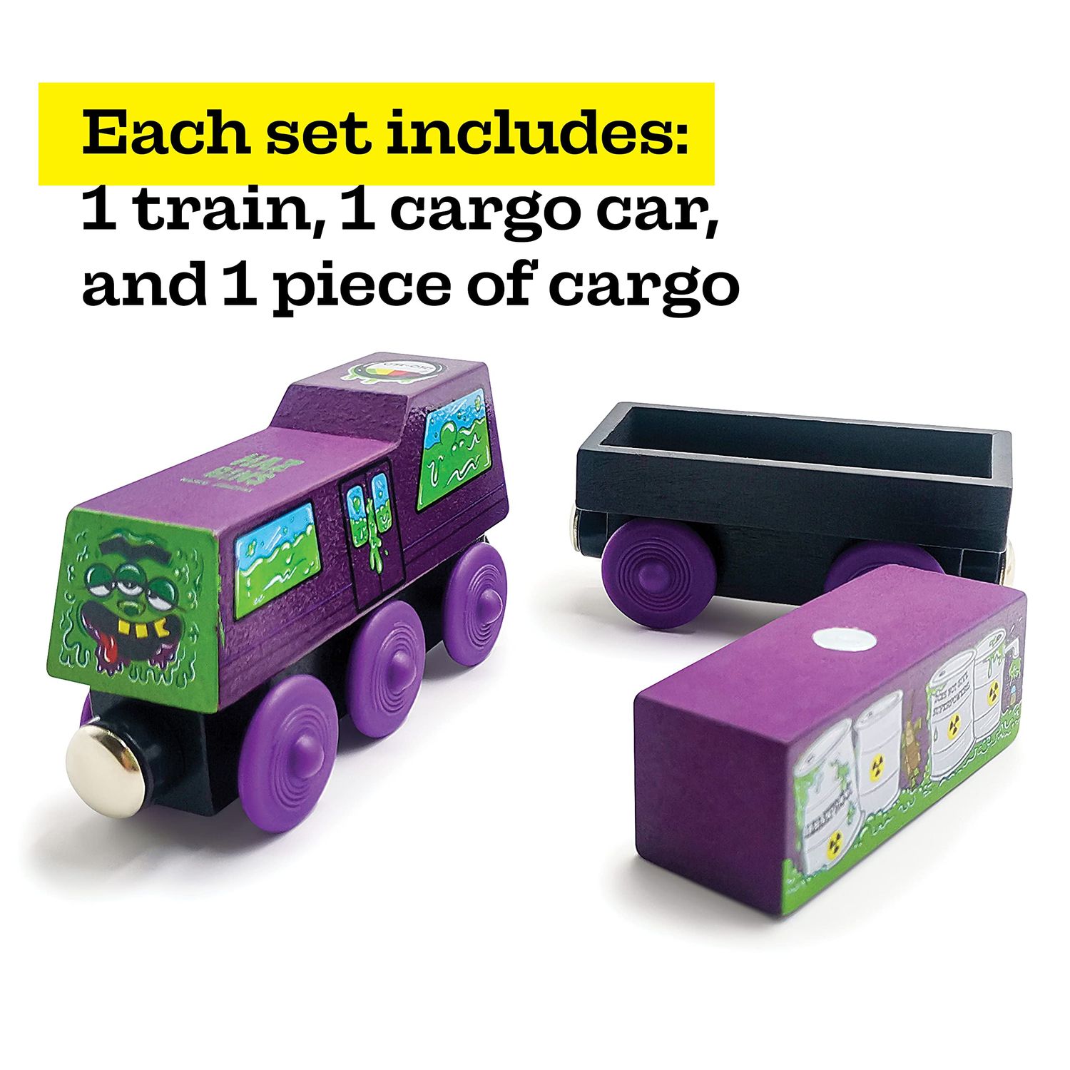 ZANY TRAINS Toddler Halloween Toys - Toxic Ted - Wooden Train Set with Cargo - Compatible with All Wooden Train Sets - Wooden Train Cars - Boo Basket Stuffers - Spooky Puzzle Gifts for Kids