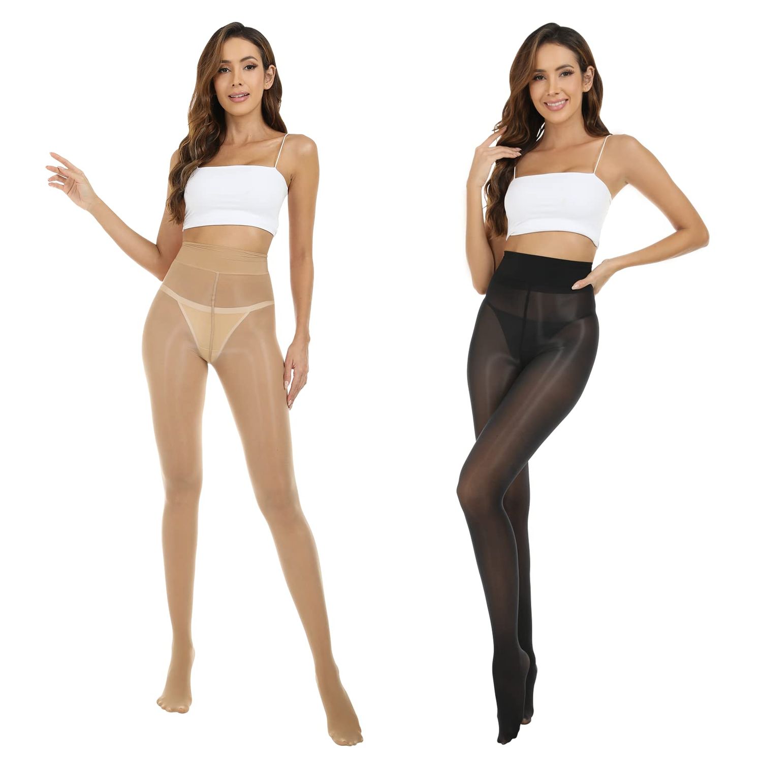 MANZI 2 Pairs Women's Shiny Sheer Tights High Waist Silk Comfort Stockings Oil Shimmery Nylons Pantyhose（Black and Natural,S-M）