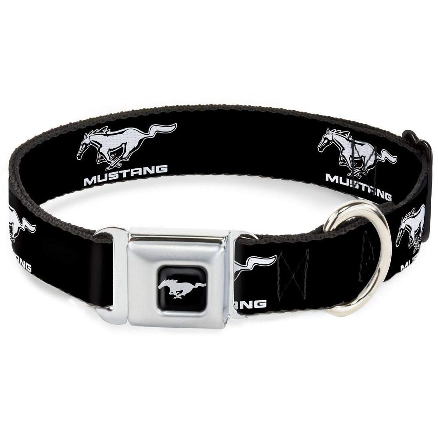 Buckle-Down Seatbelt Buckle Dog Collar - Ford Mustang Black/White Logo Repeat - 1" Wide - Fits 15-26" Neck - Large